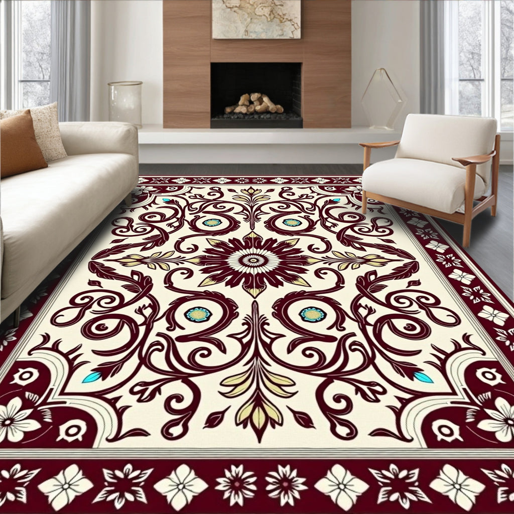 Maroon Floral Scrollwork Vintage Design Rug