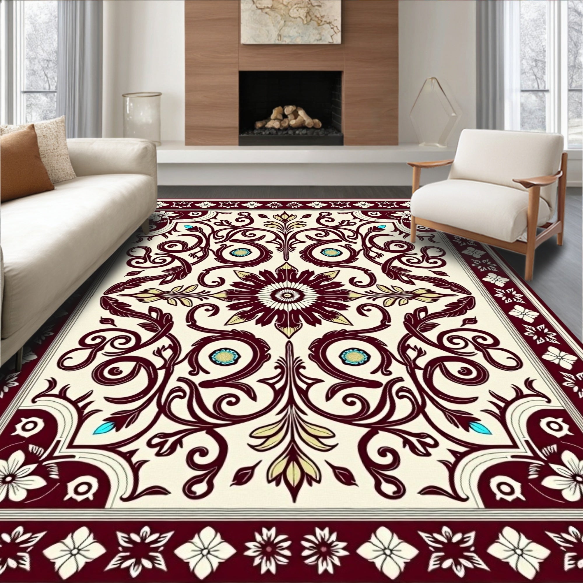 Maroon Floral Scrollwork Vintage Design Rug