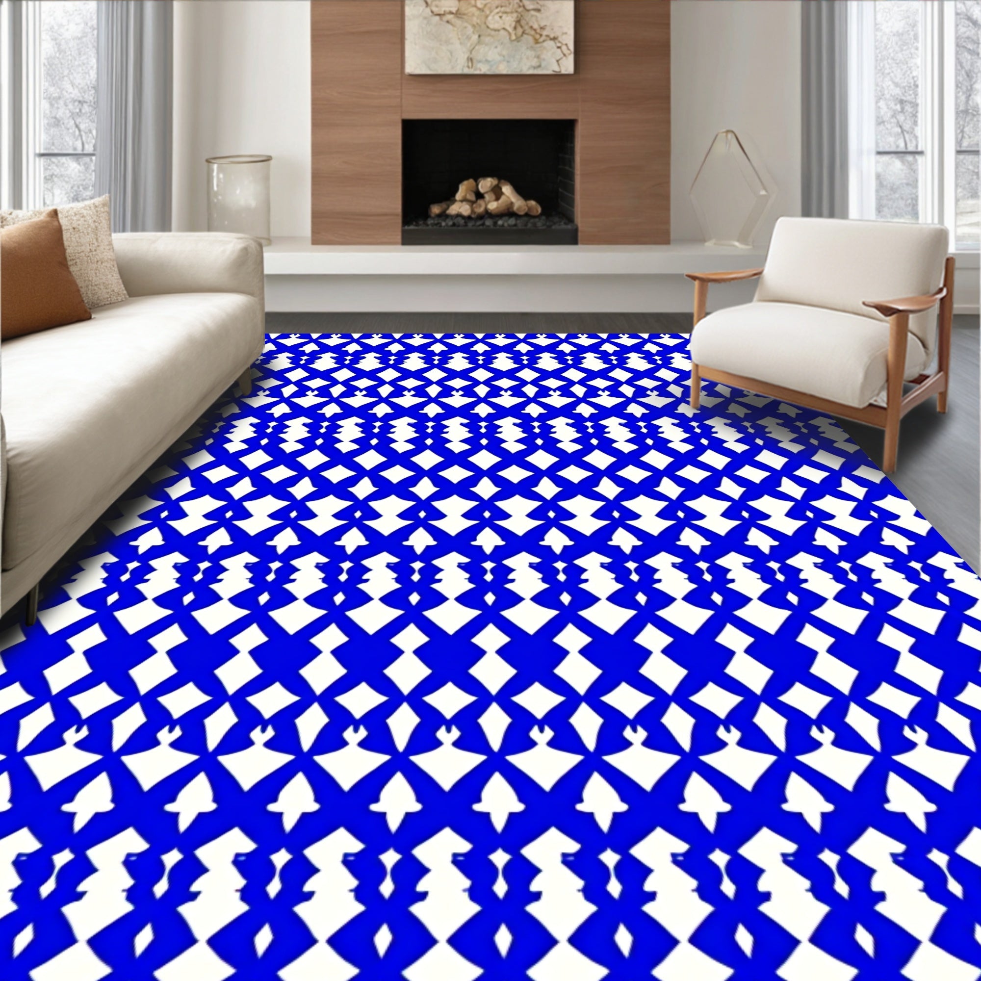 Intricate Royal Blue Lattice Pattern Rug