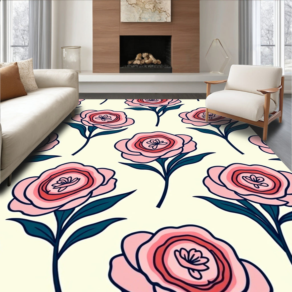 Pink Rose Floral Pattern Rug