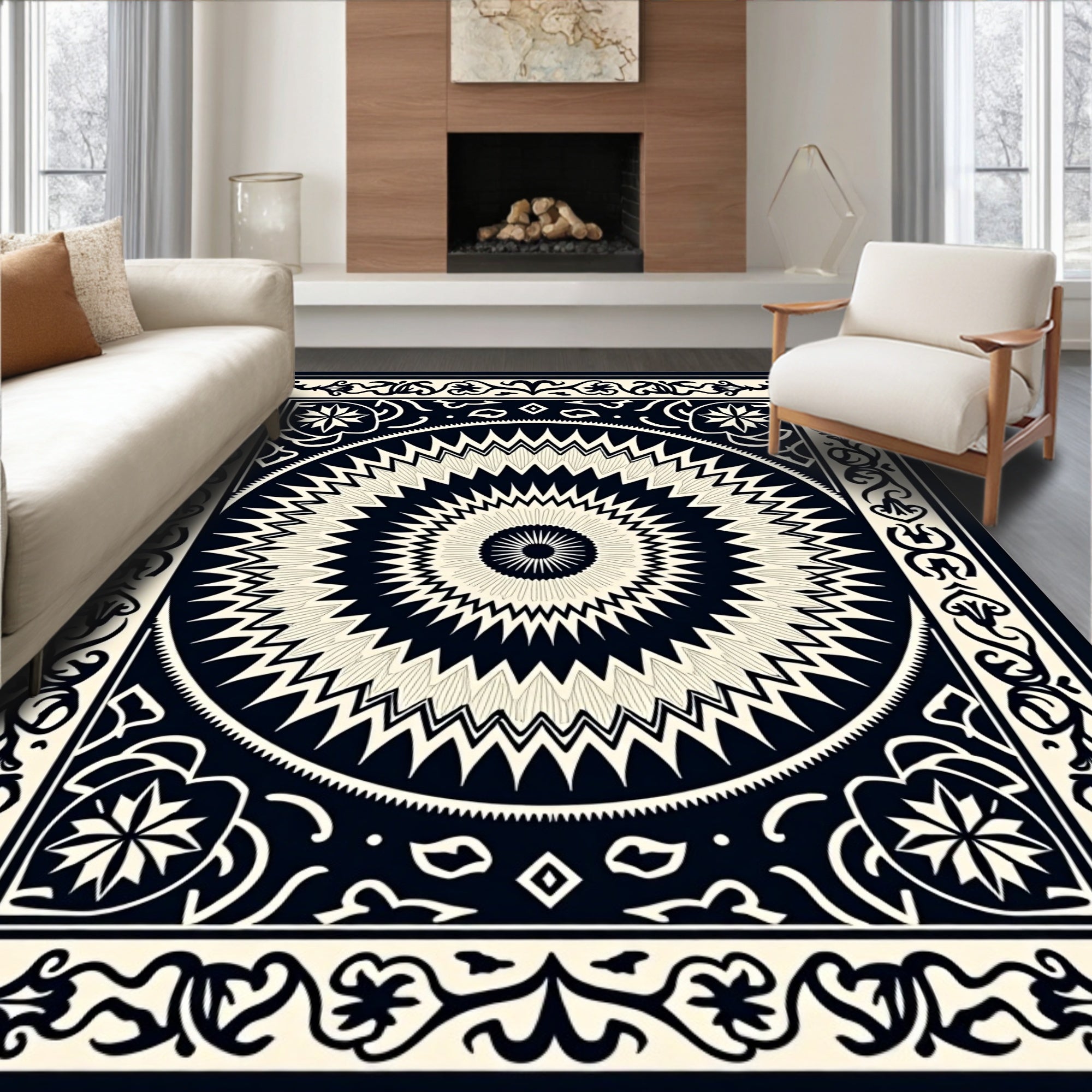 Black Cream Radial Sunburst Design Rug