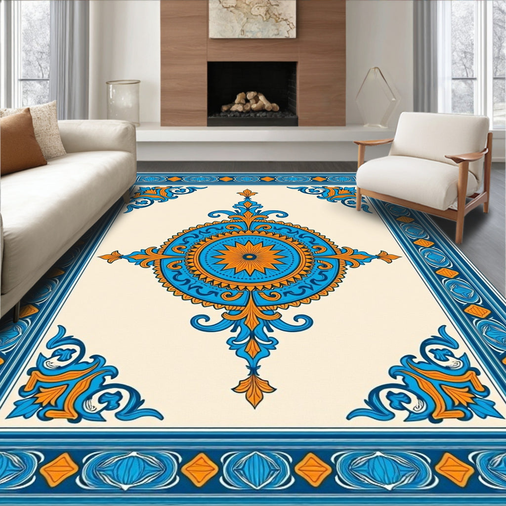 Ornate Blue Orange Medallion Motif Rug