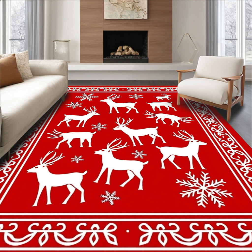 Red White Deer Snowflake Festive Border Rug