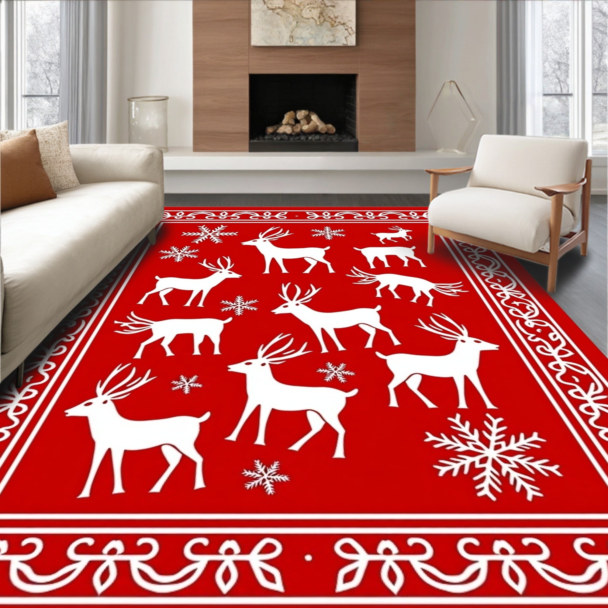 Red White Deer Snowflake Festive Border Rug