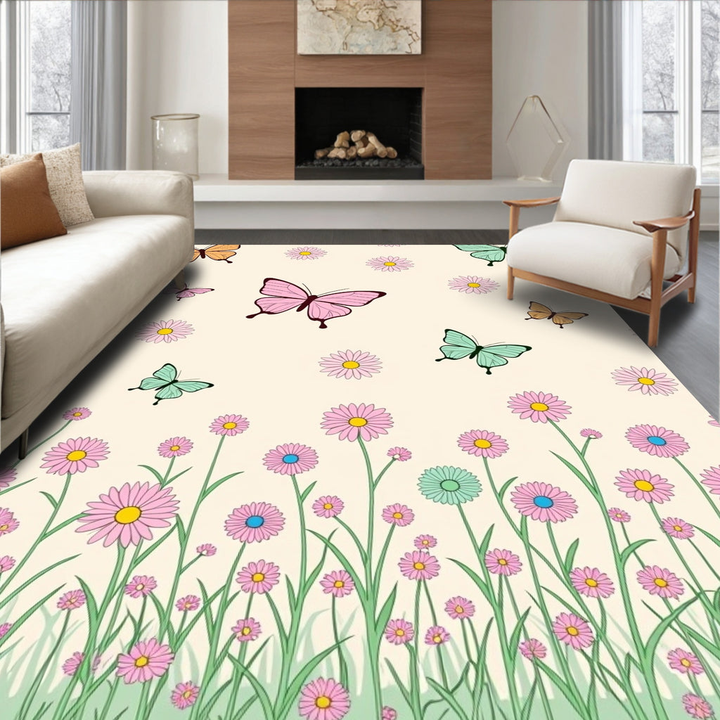 Whimsical Butterfly and Daisy Meadow Rug