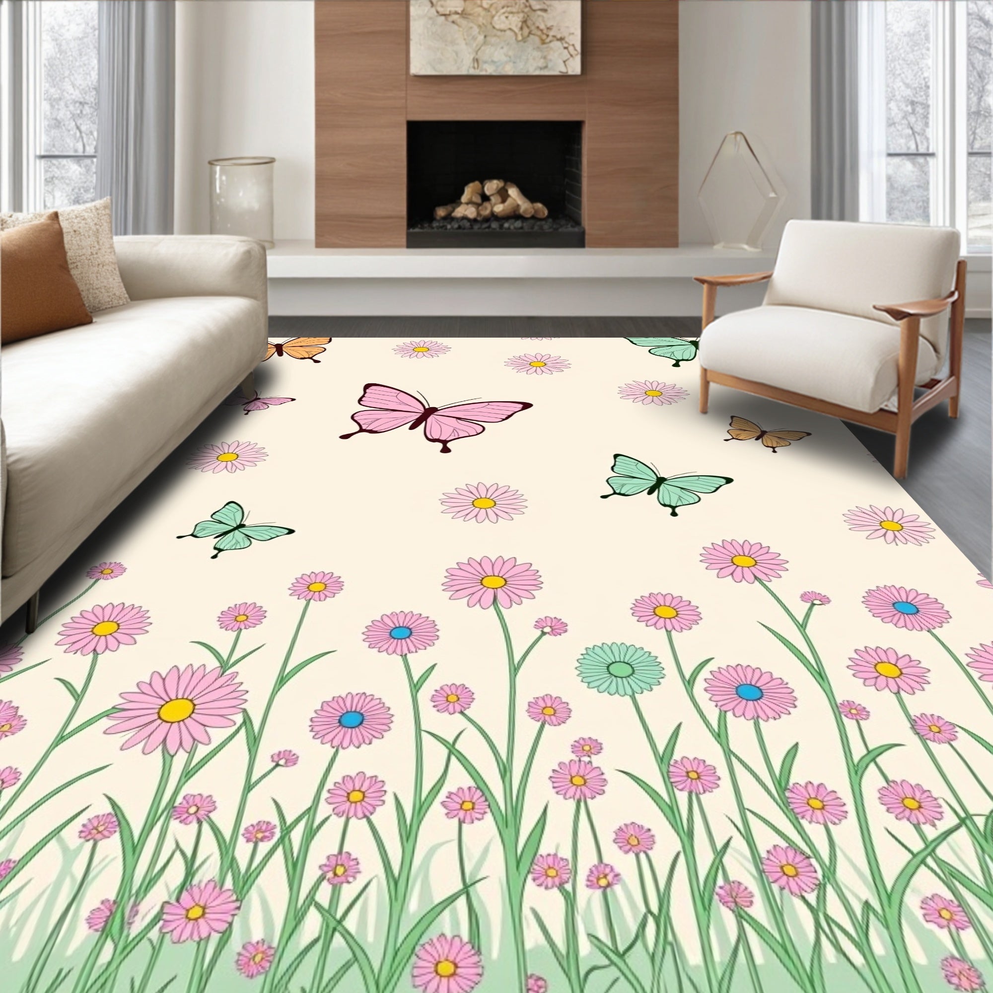 Whimsical Butterfly and Daisy Meadow Rug