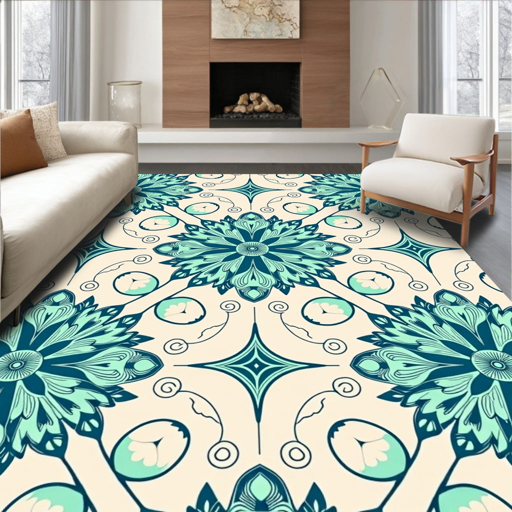 Teal Floral Art Deco Rug