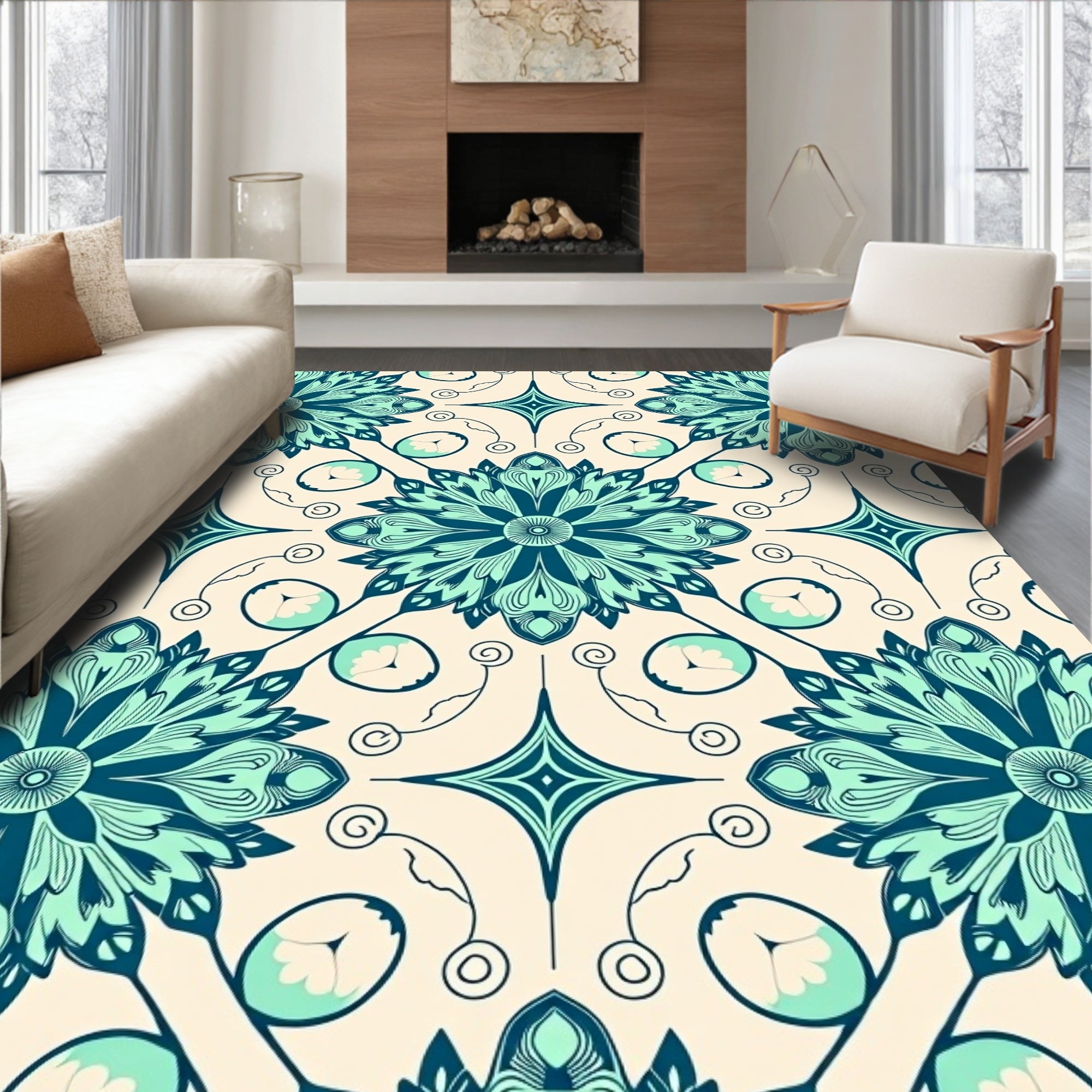 Teal Floral Art Deco Rug