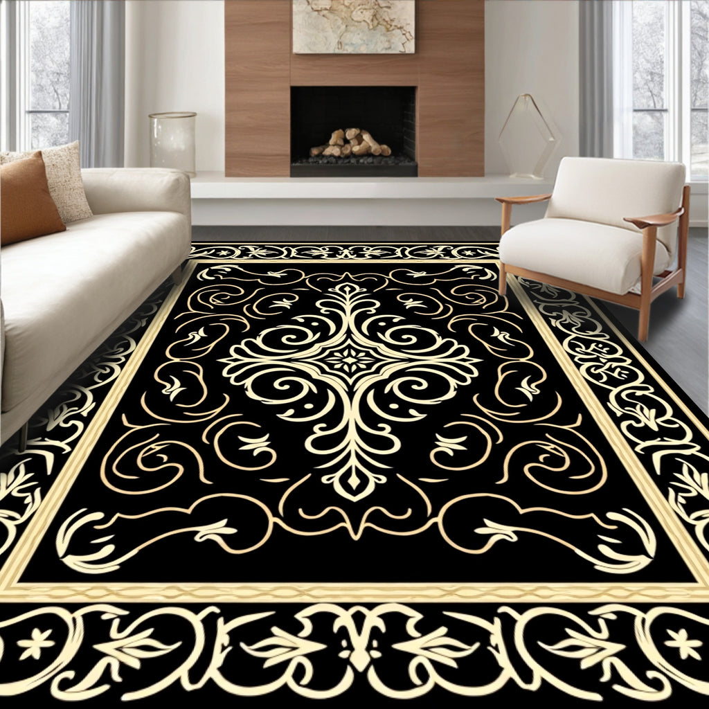 Elegant Black Gold Floral Scroll Rug