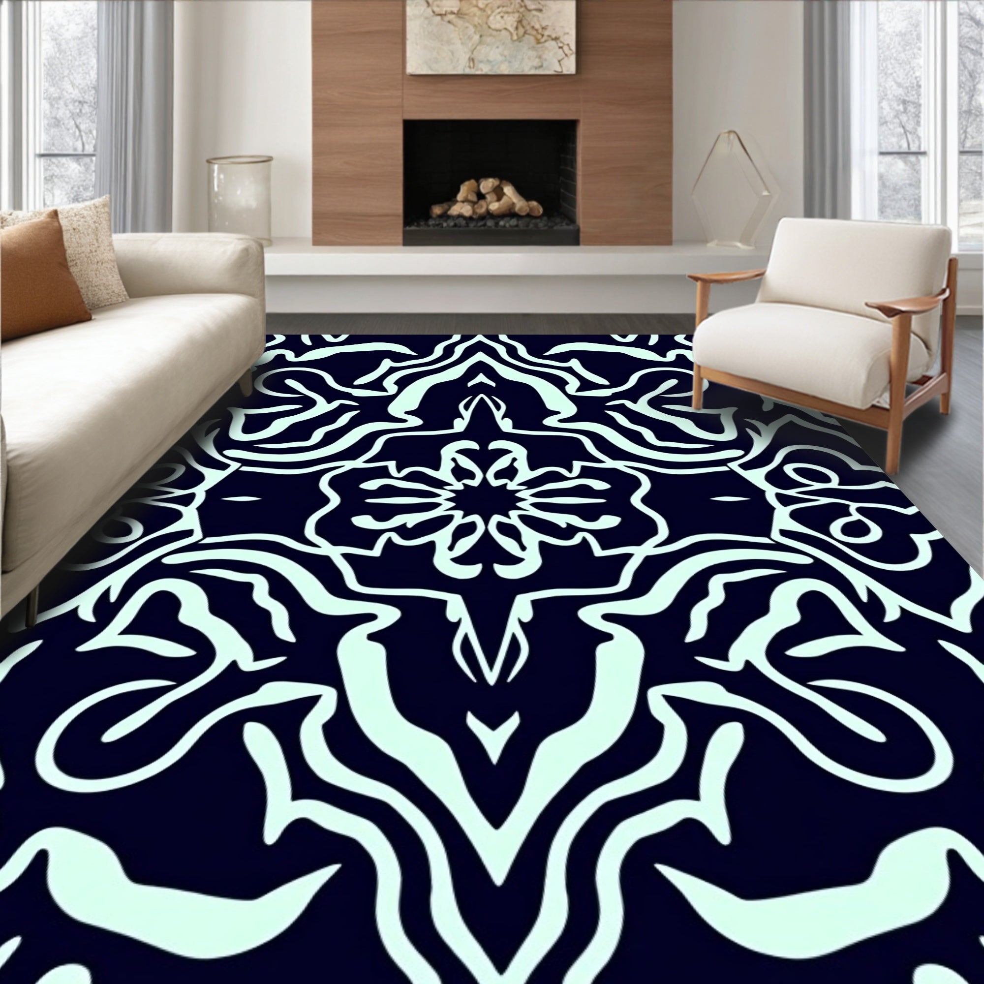 Dark Teal Stylized Floral Pattern Rug