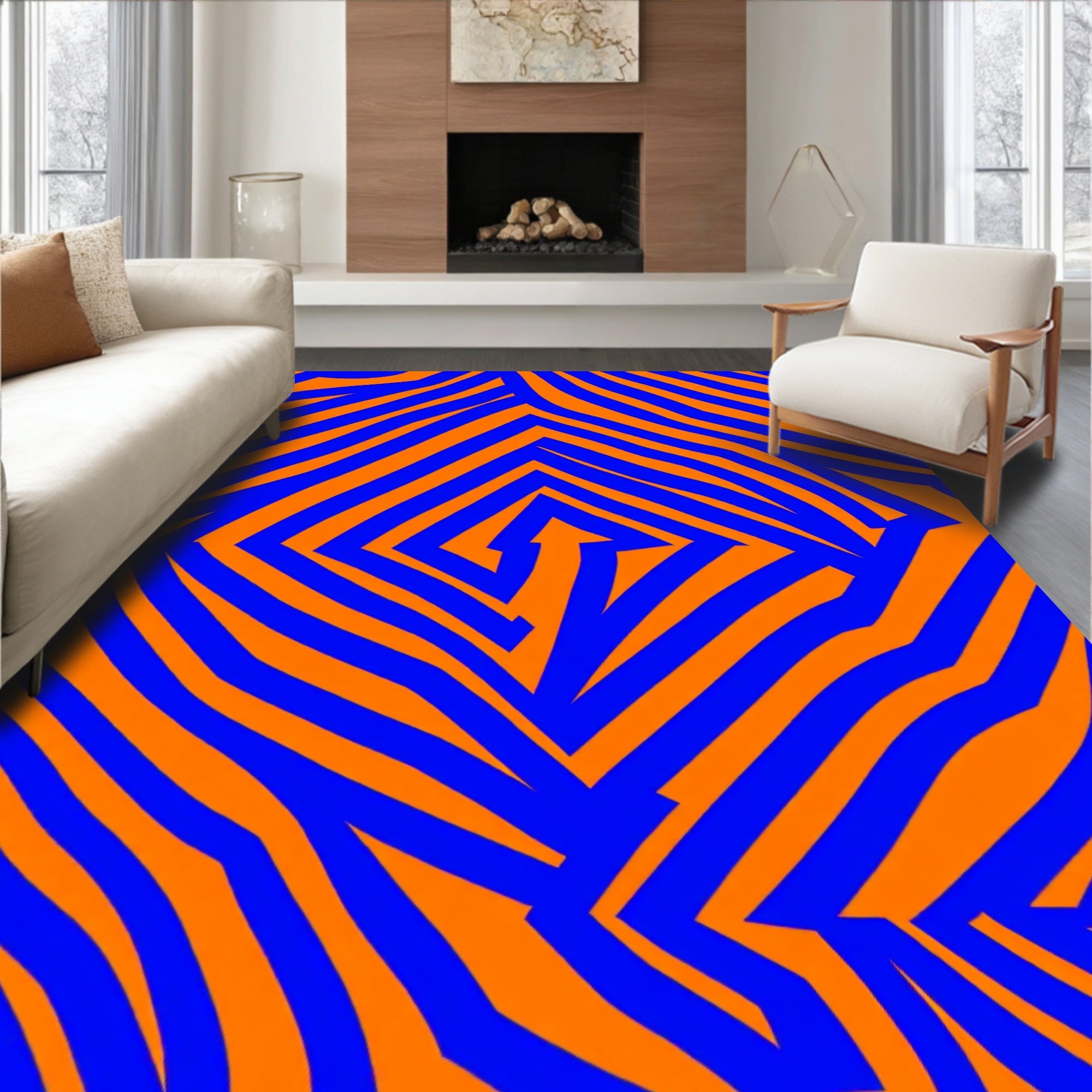 Bold Blue Orange Zebra Lines Rug