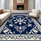 Intricate Floral Cream Navy Pattern Rug