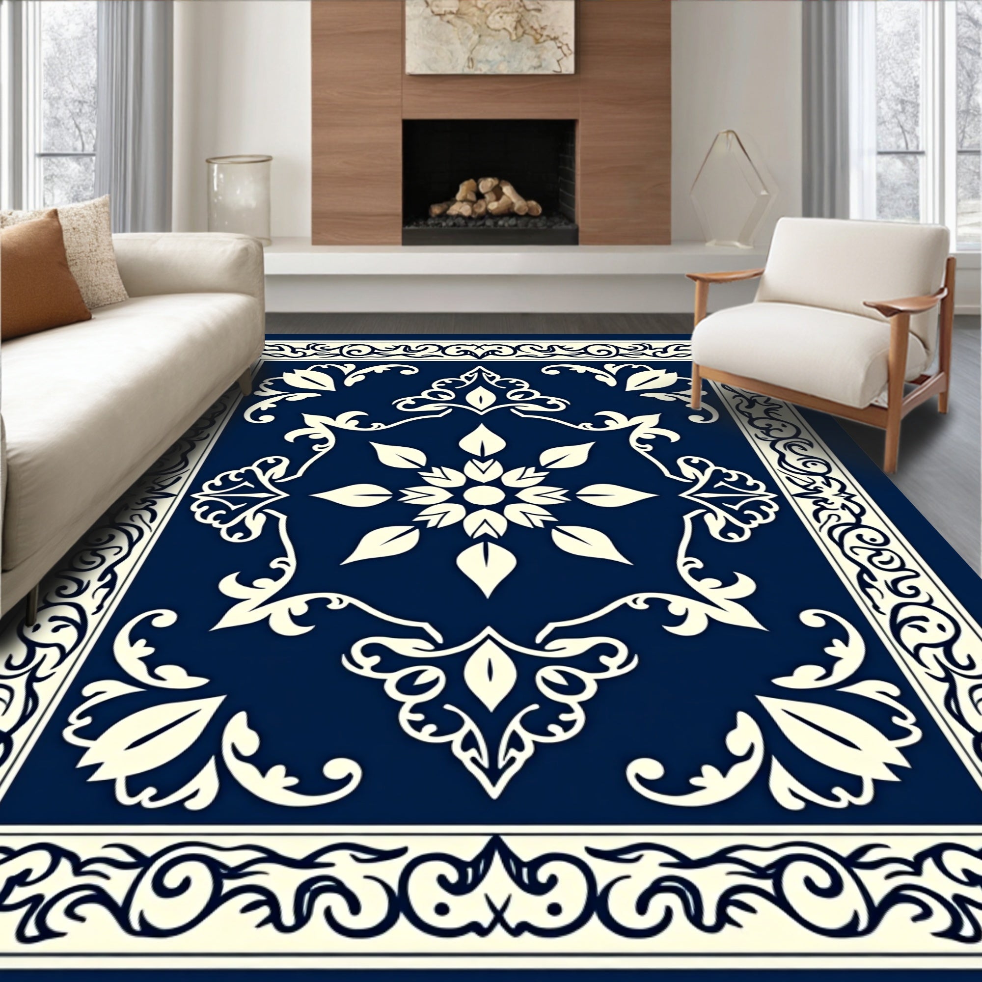 Intricate Floral Cream Navy Pattern Rug