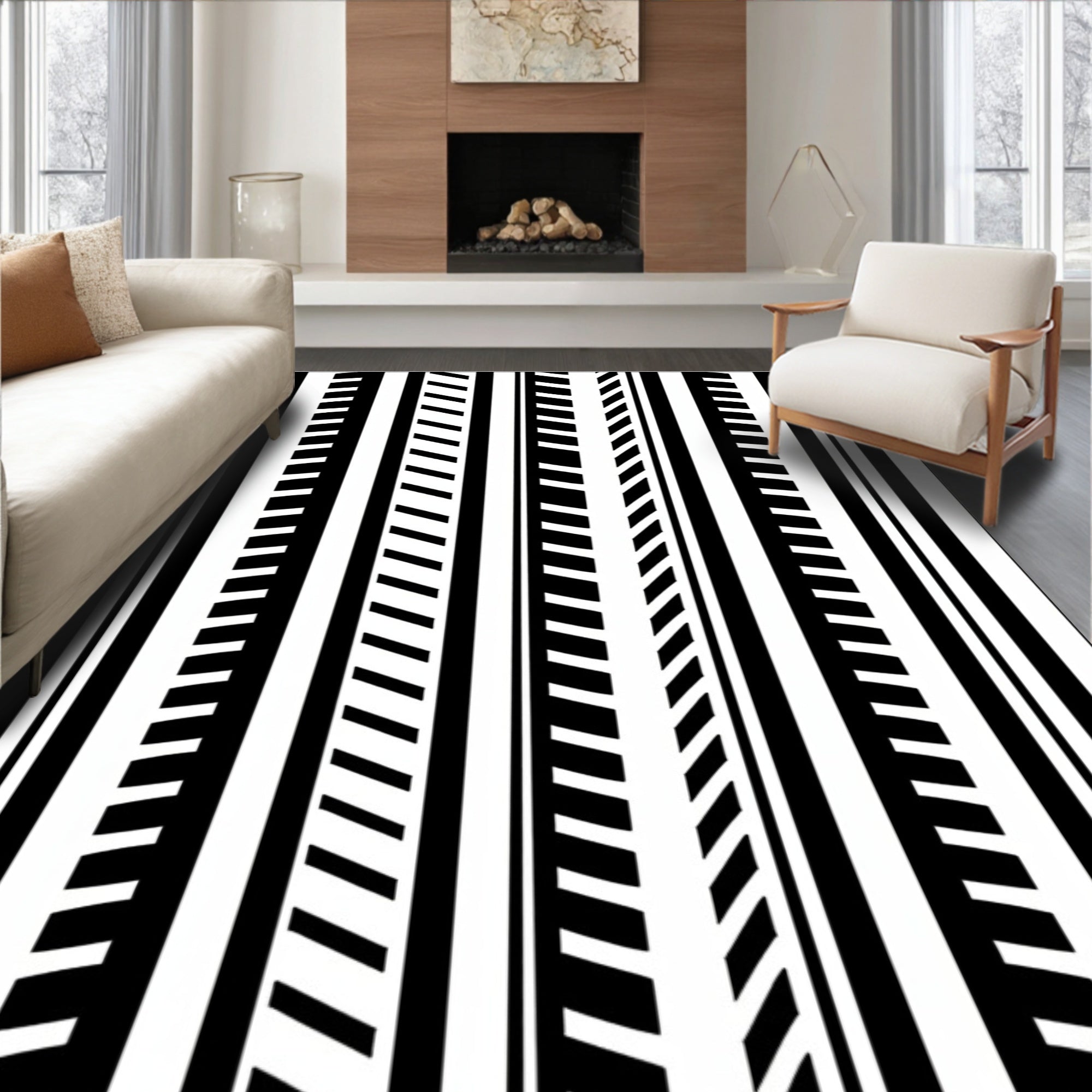 Black White Geometric Stripe Pattern Rug
