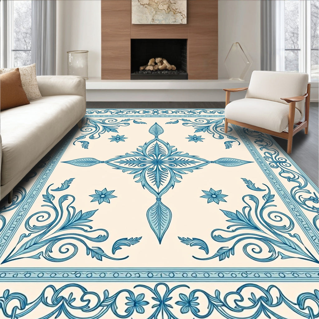 Elegant Blue Floral Symmetry Pattern Rug