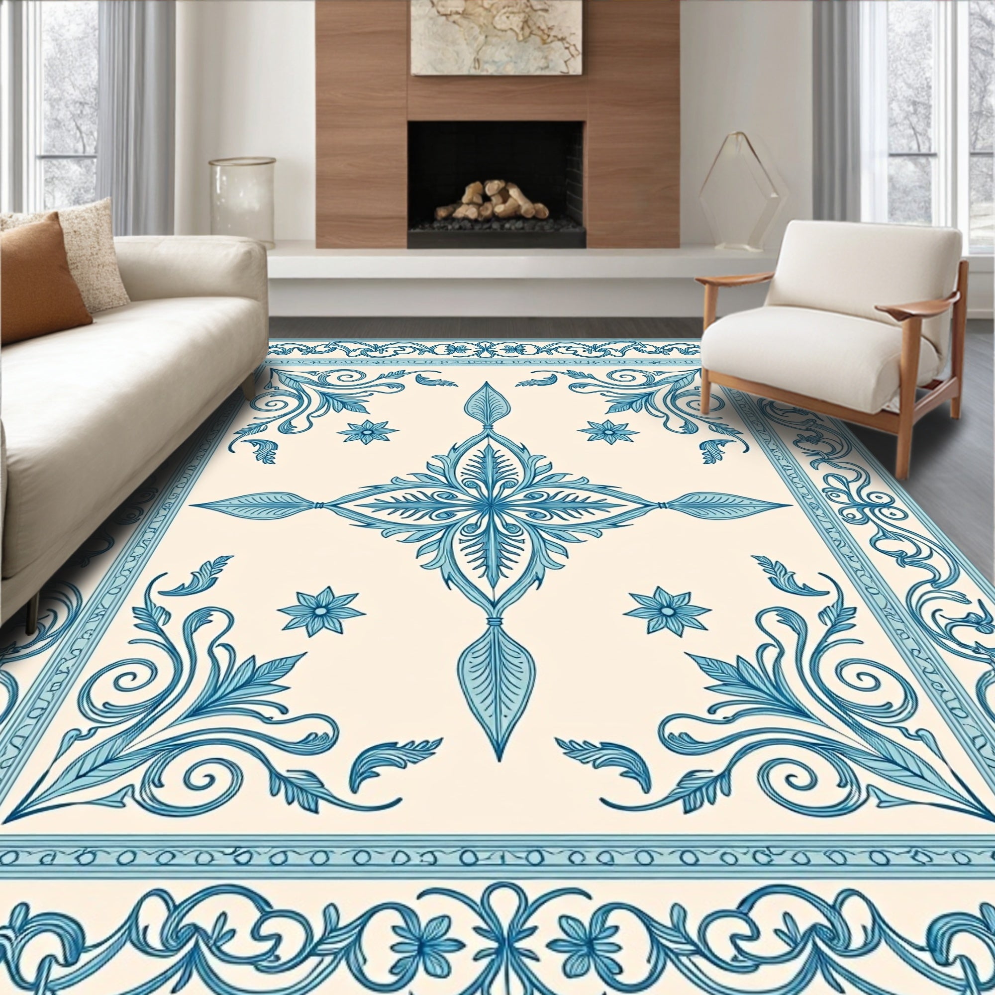 Elegant Blue Floral Symmetry Pattern Rug