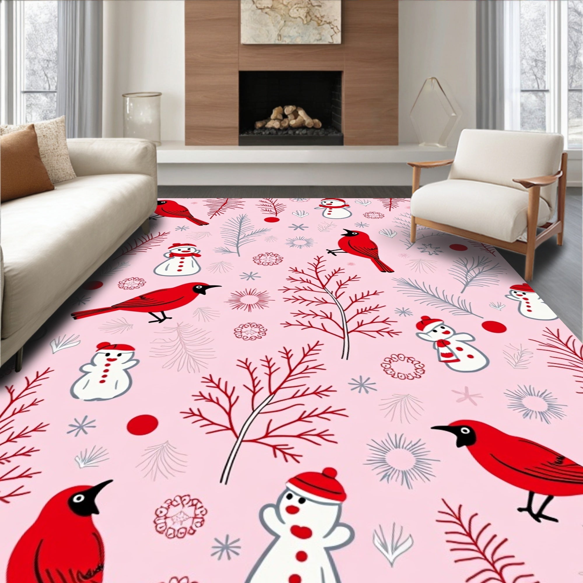 Happy Red Cardinal Snowman Scene Rug