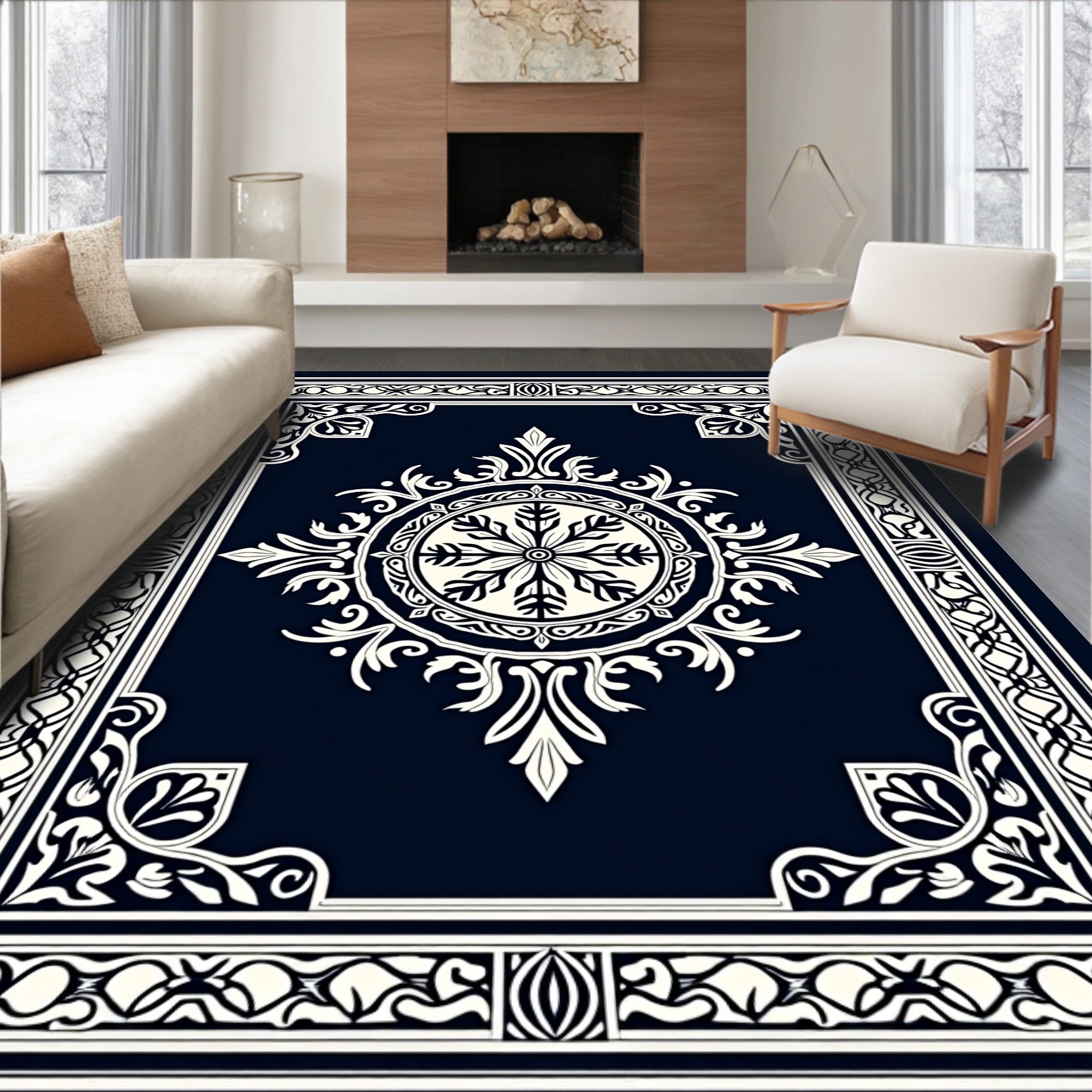 Classic Black White Medallion Ornament Rug
