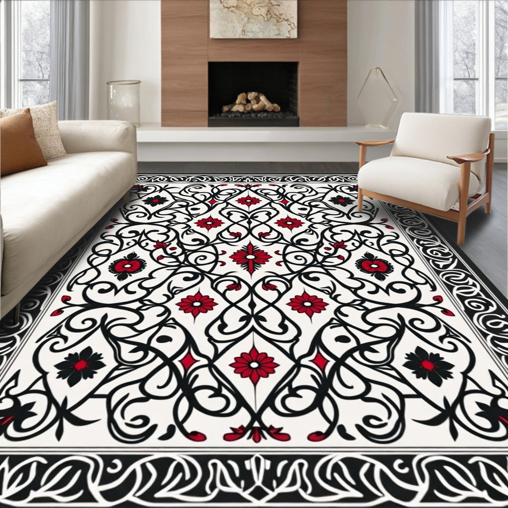 Black Red Floral Arabesque Design Rug