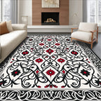 Black Red Floral Arabesque Design Rug