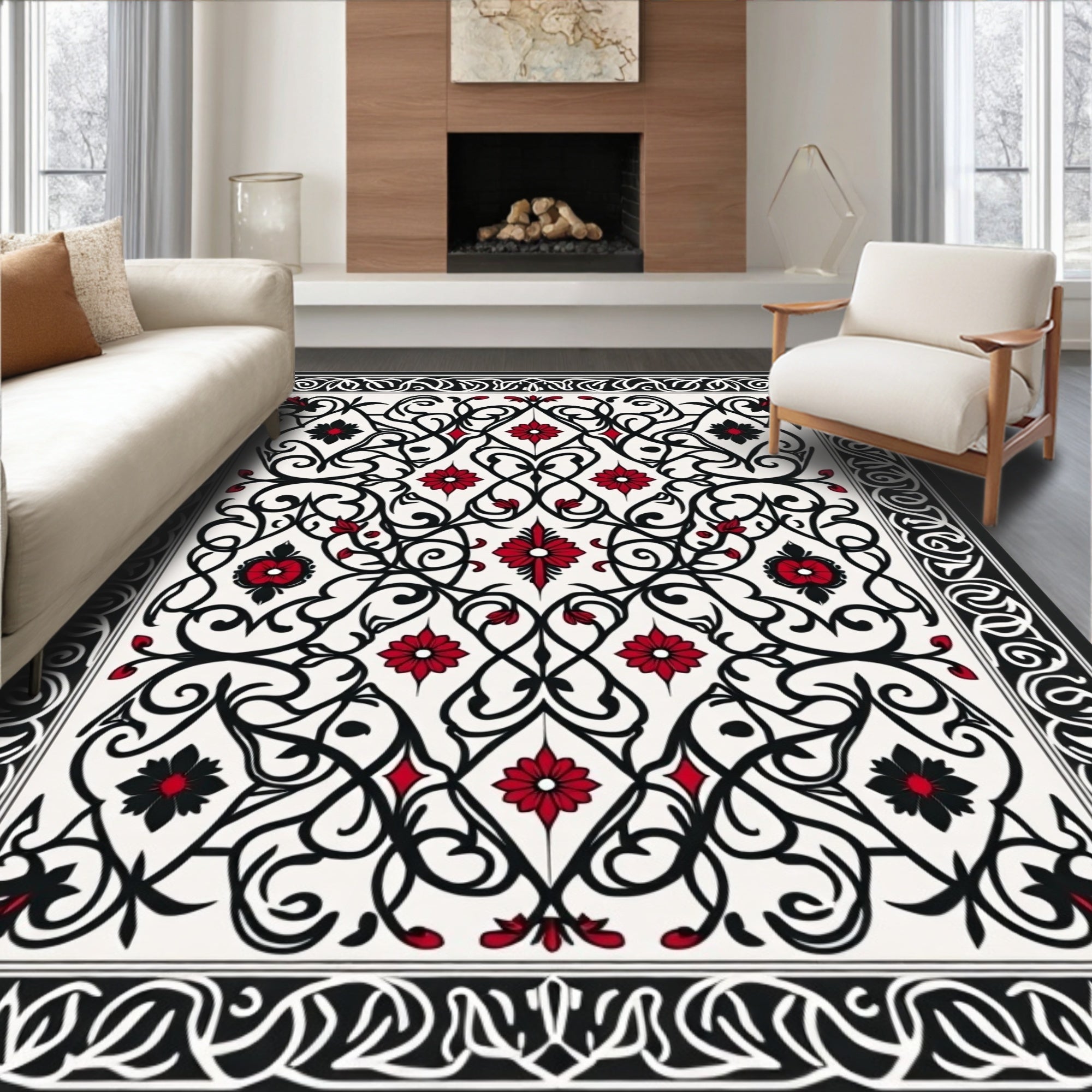 Black Red Floral Arabesque Design Rug