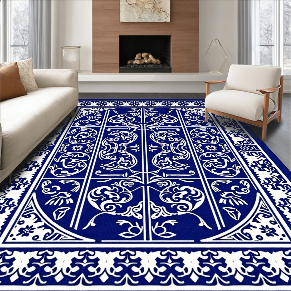 Intricate Blue White Scrollwork Rug