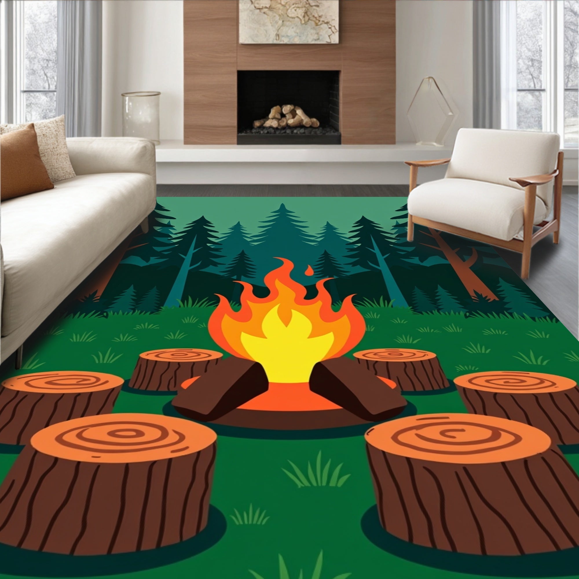 Campfire Scene Woodland Design Rug