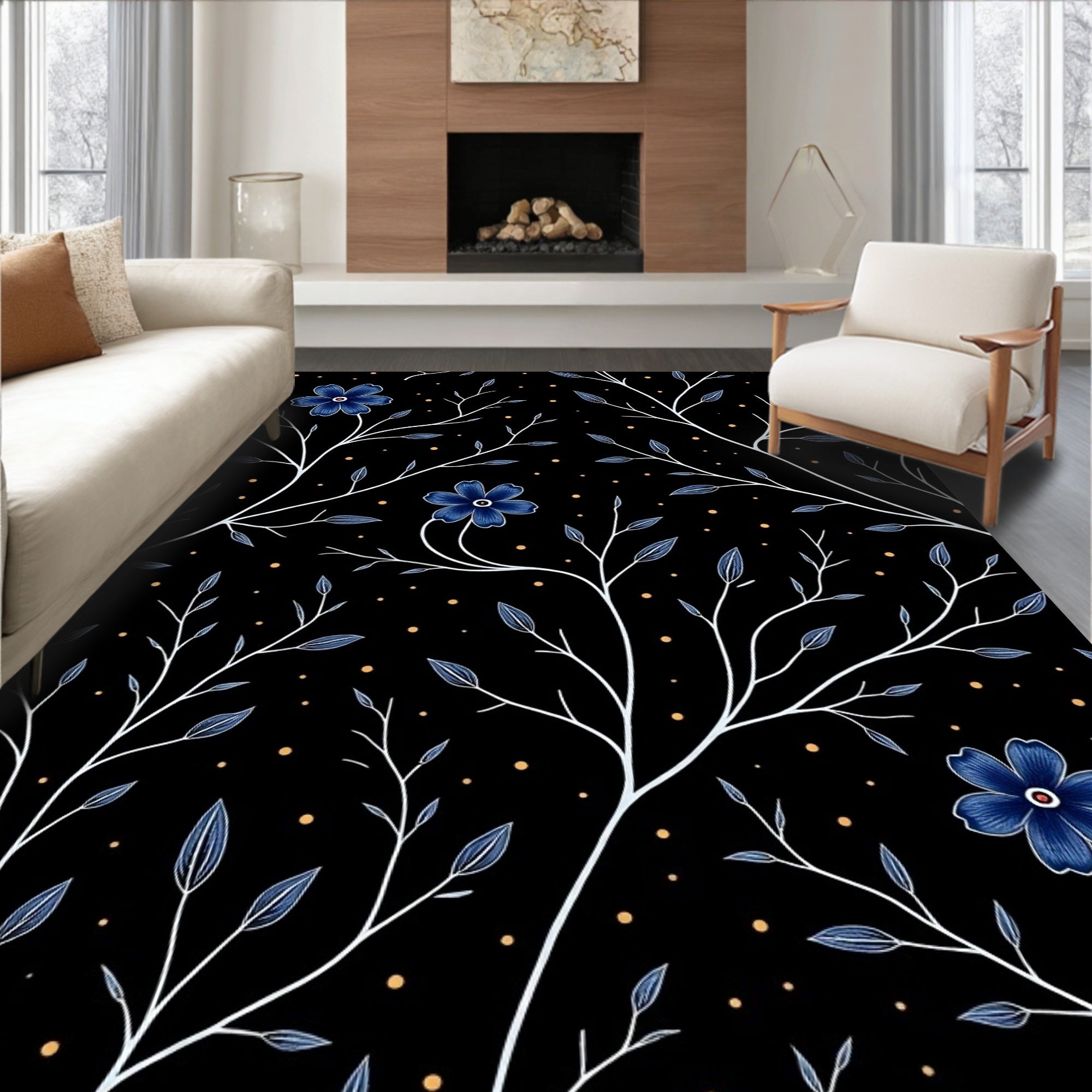 Blue Floral Botanical Pattern Rug