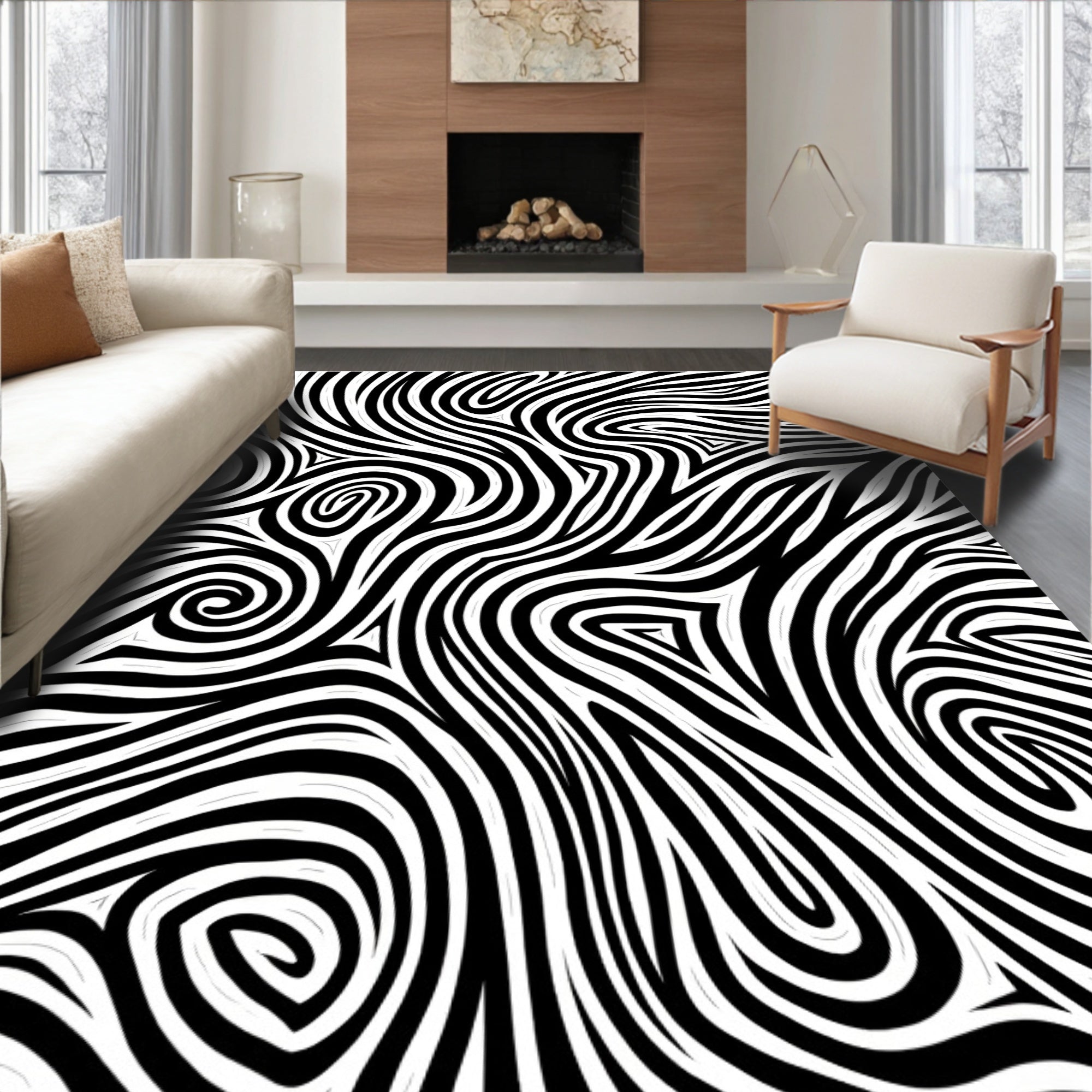 Bold Black White Swirl Pattern Rug