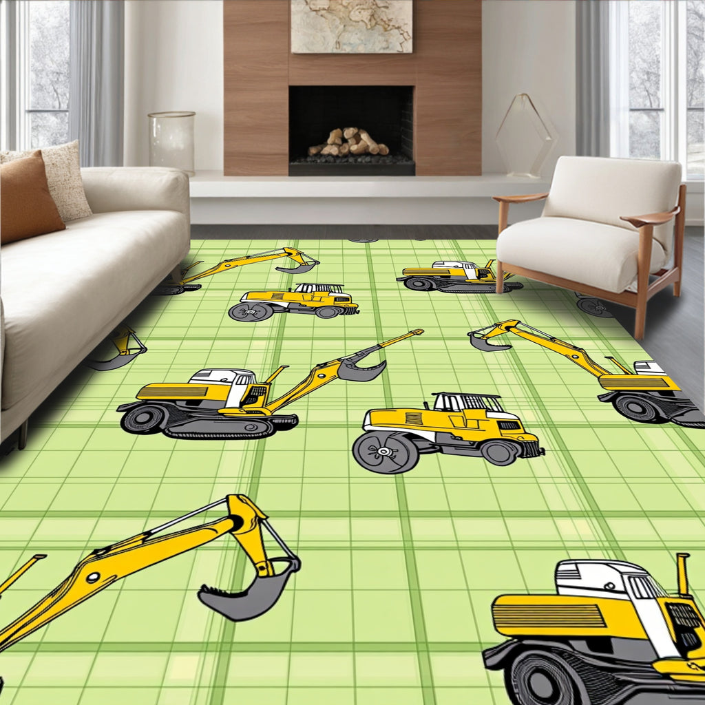 Yellow Excavator Construction Pattern Rug