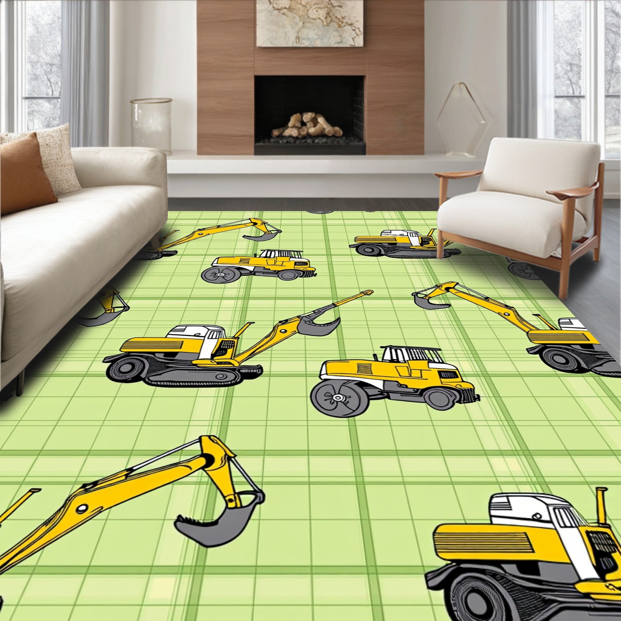 Yellow Excavator Construction Pattern Rug