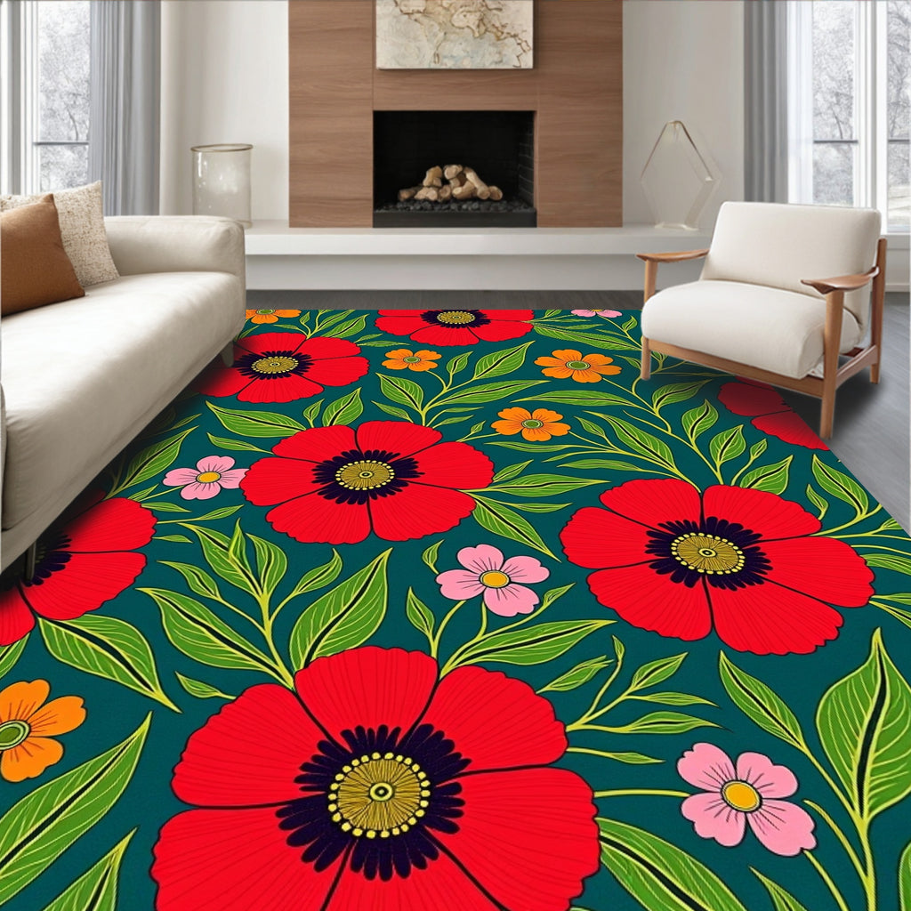 Bold Floral Pattern With Red Poppies Rug