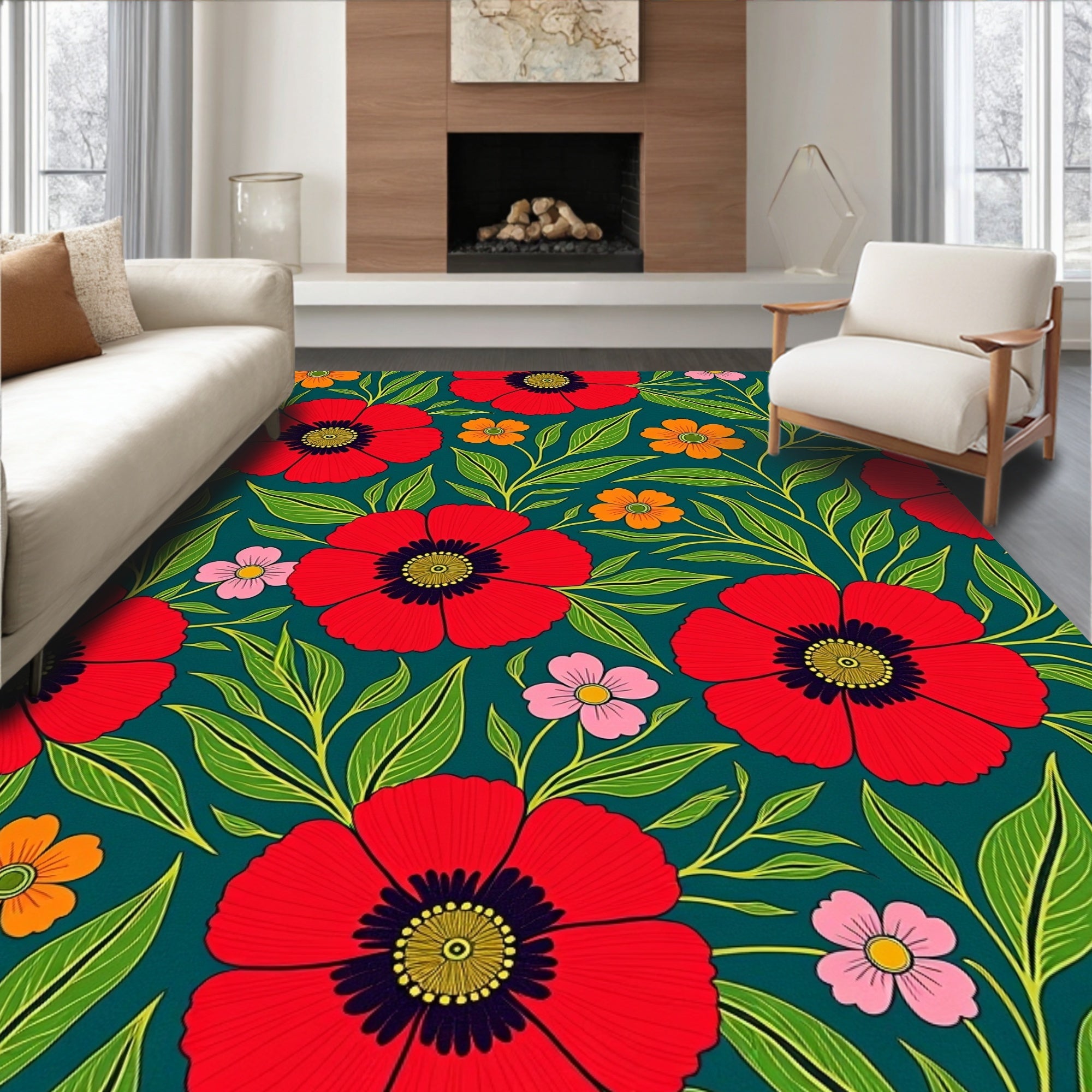 Bold Floral Pattern With Red Poppies Rug