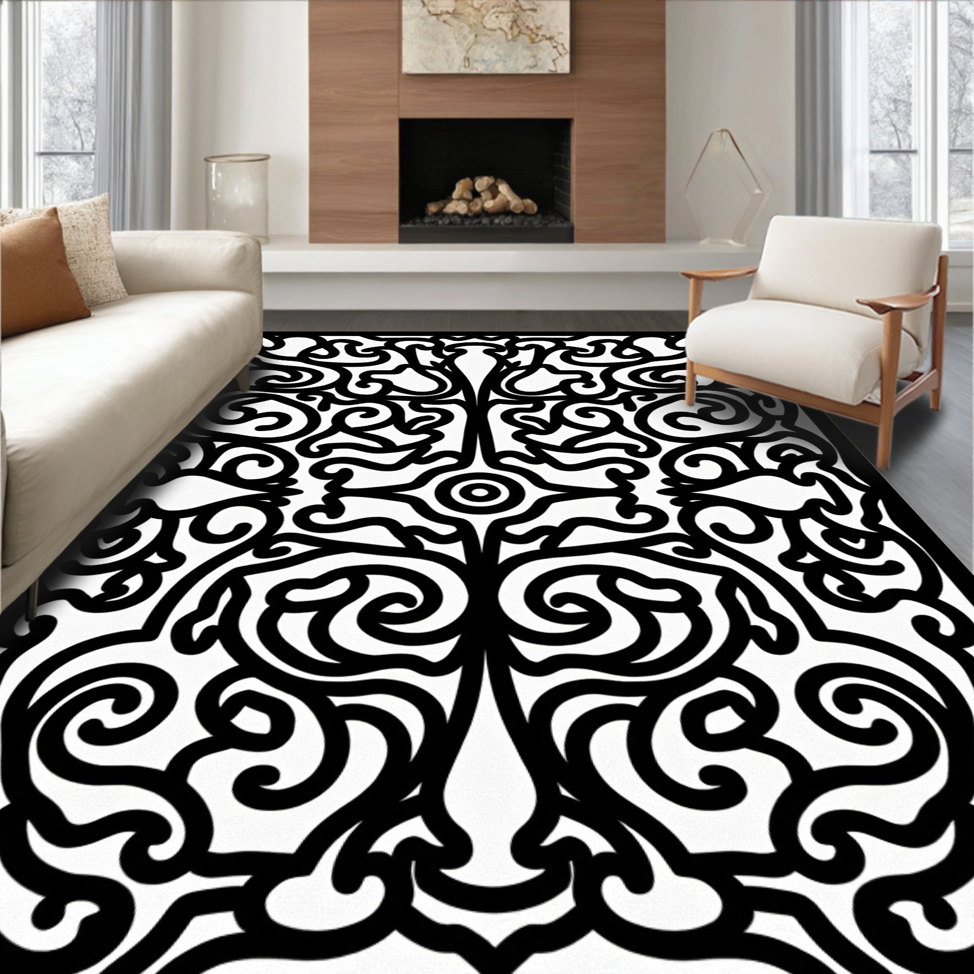 Intricate Black Scrollwork Pattern Rug
