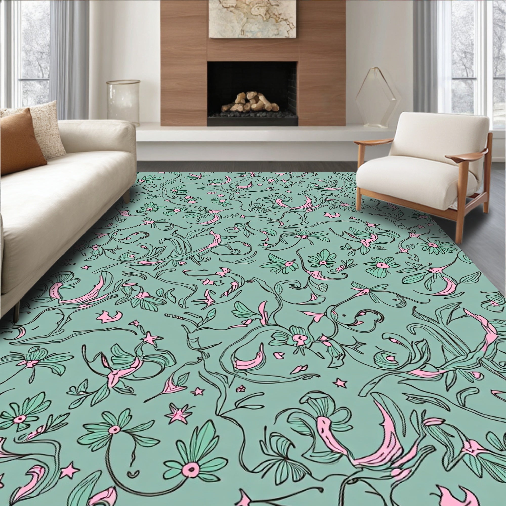 Whimsical Floral Vine Pattern Rug