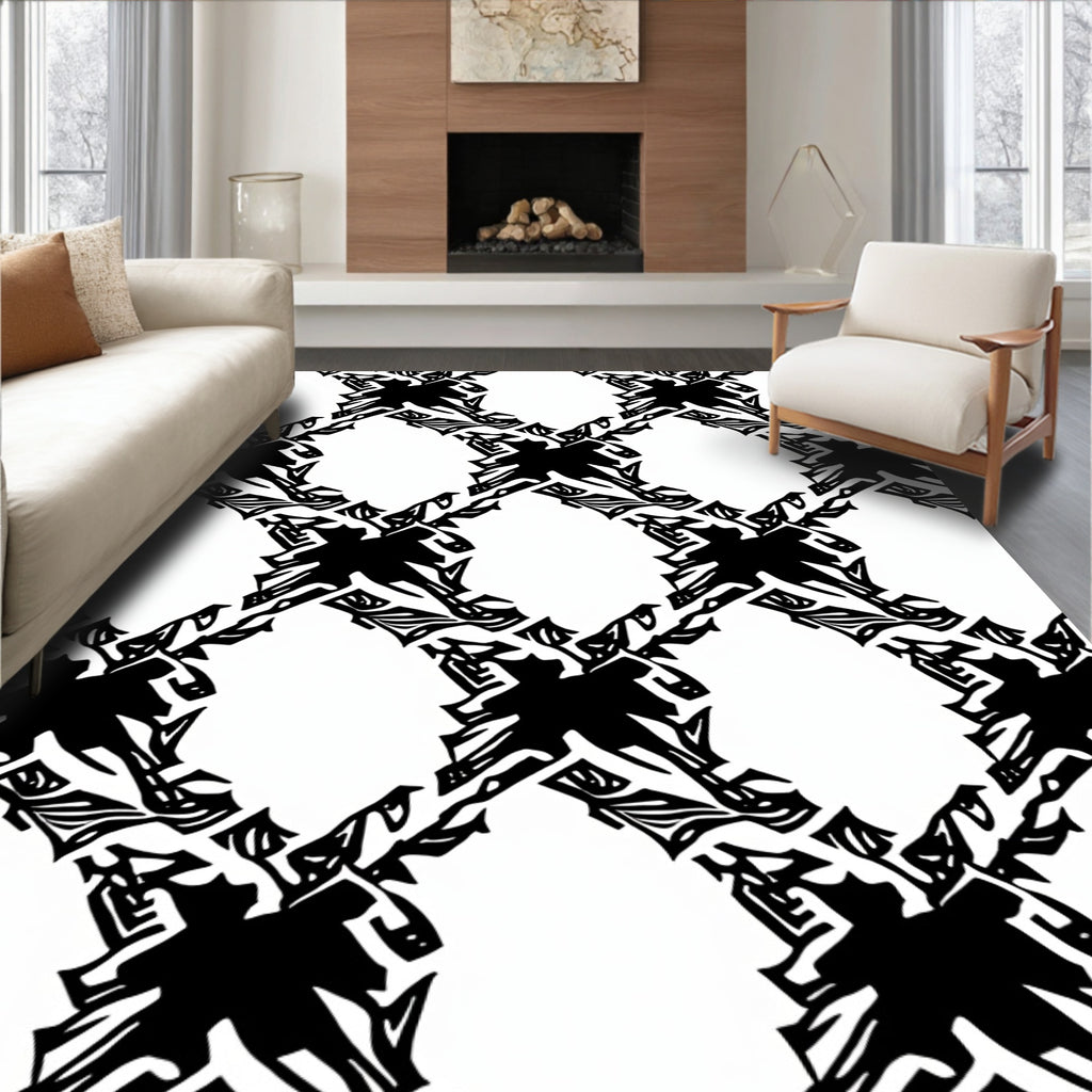 Bold Black White Interlocking Shapes Rug