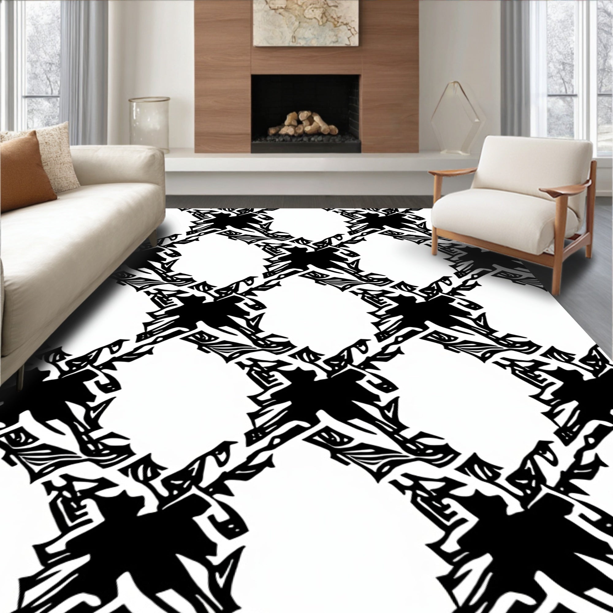 Bold Black White Interlocking Shapes Rug