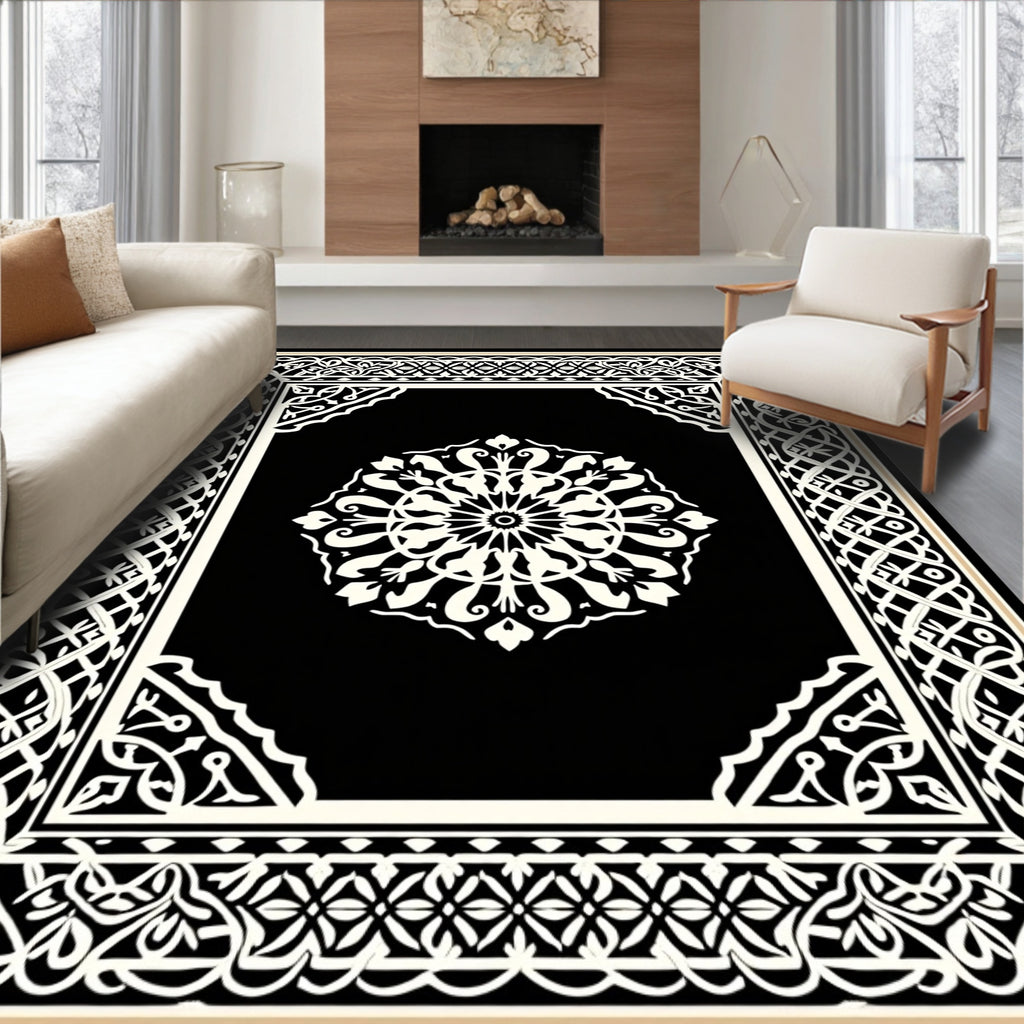 Intricate Black White Floral Mandala Pattern Rug