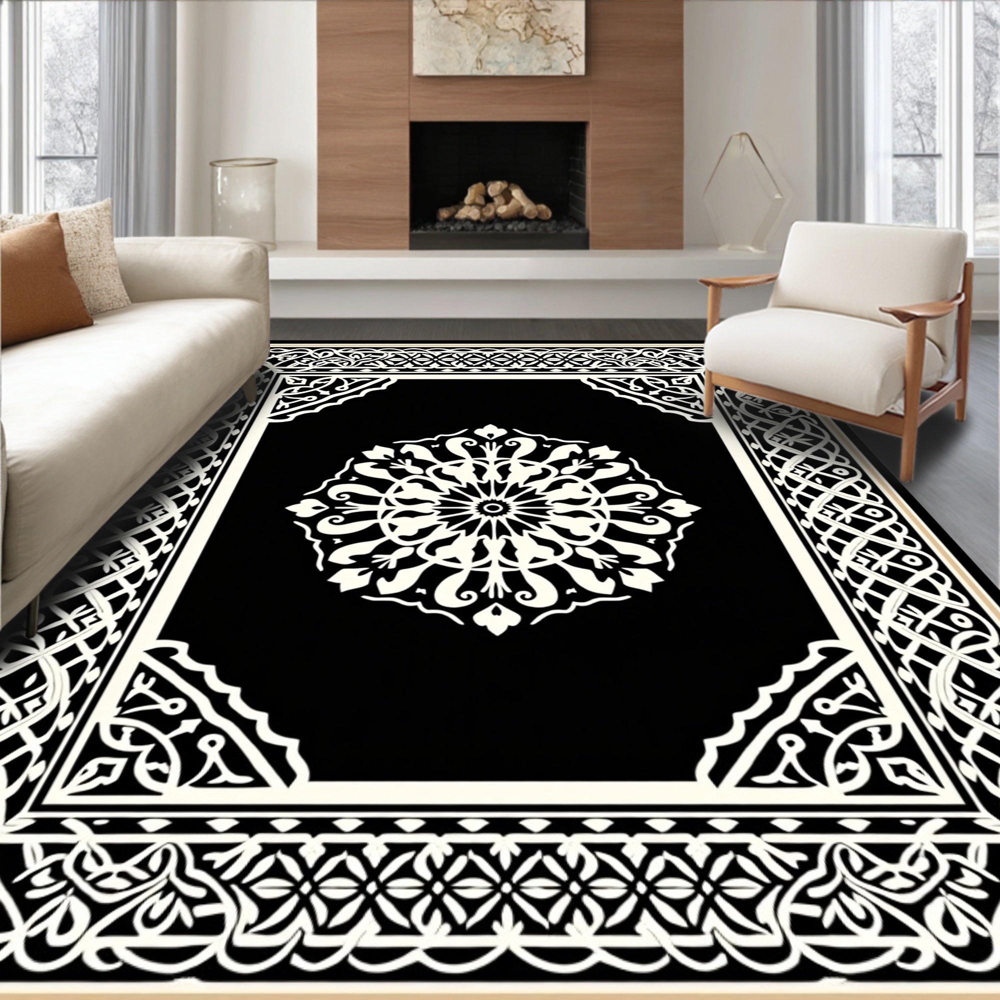 Intricate Black White Floral Mandala Pattern Rug