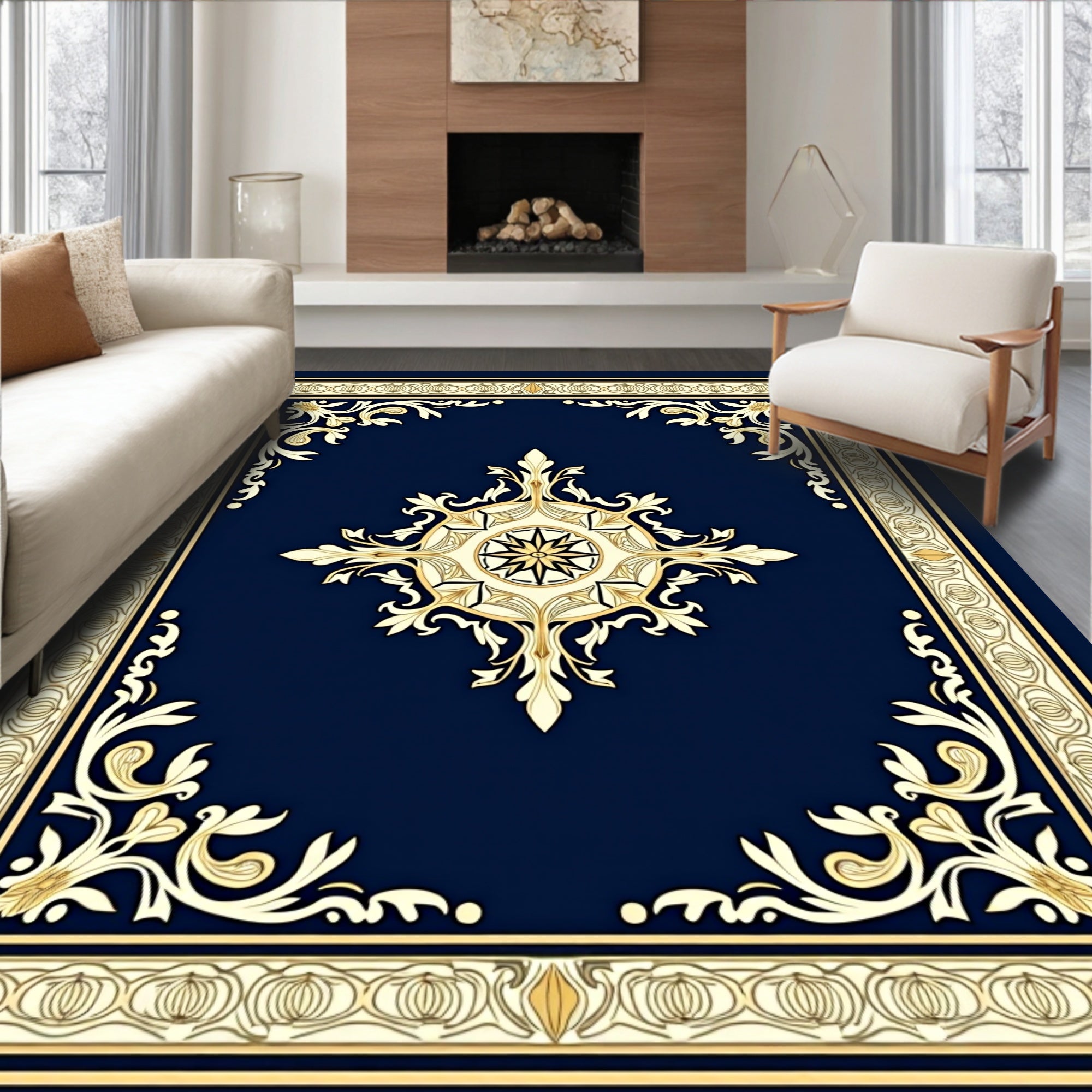 Ornate Floral Symmetrical Blue Rug