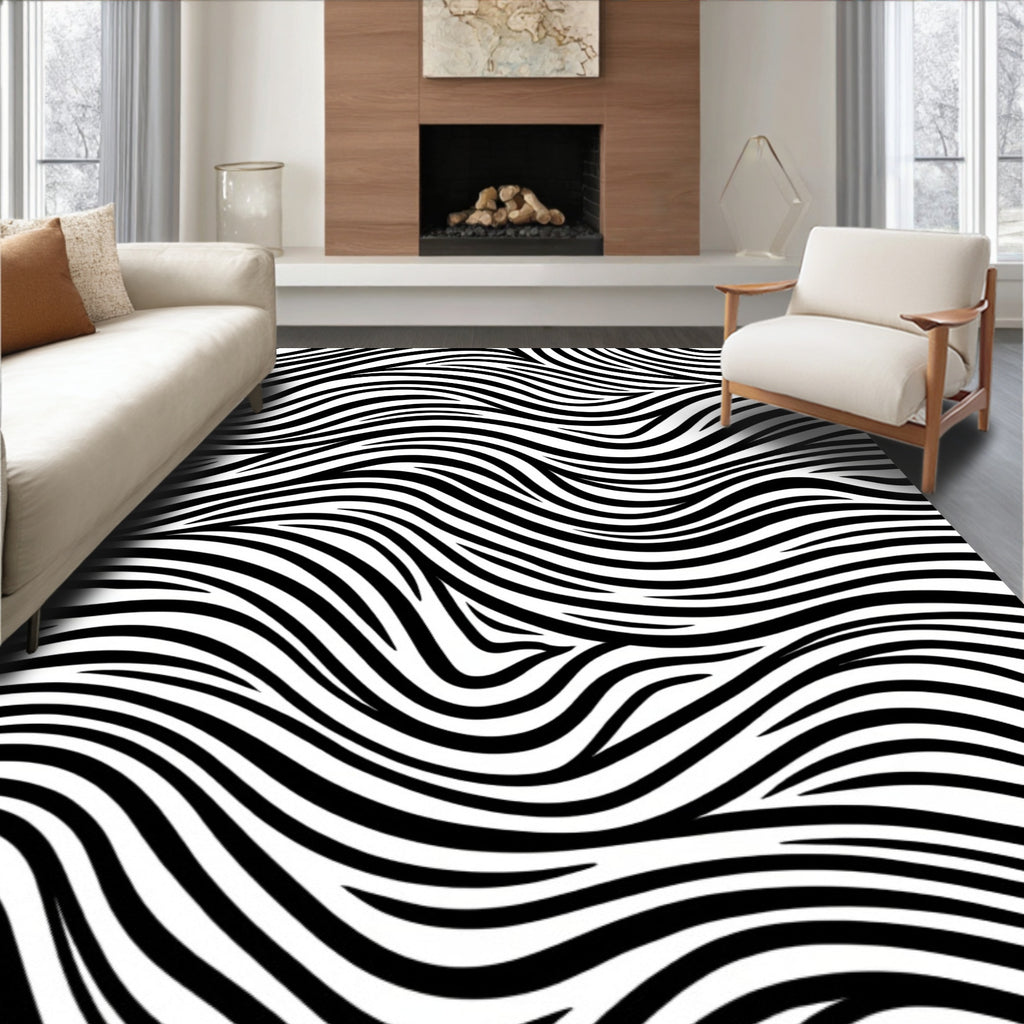 Bold Black White Wavy Stripes Rug