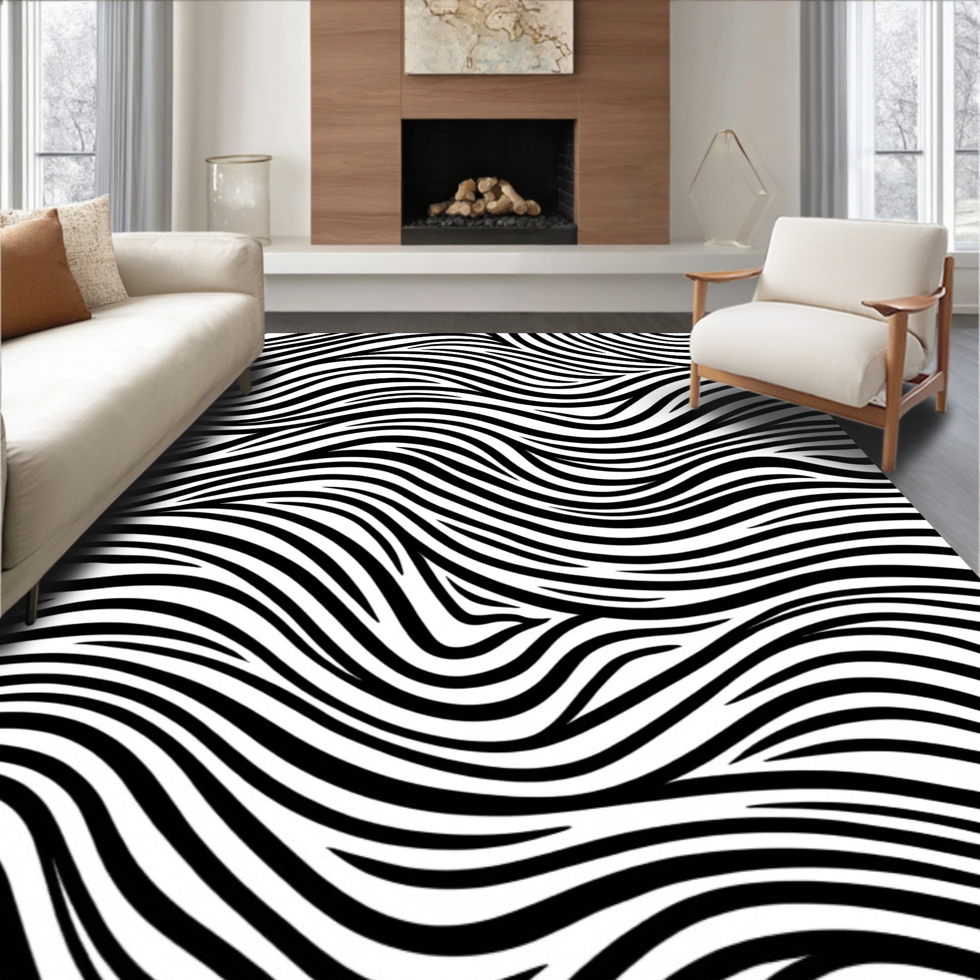 Bold Black White Wavy Stripes Rug