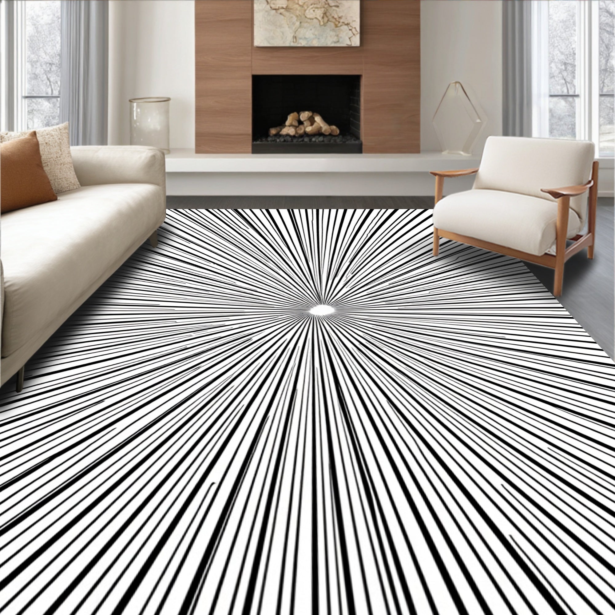 Radiating Sunburst Mono Line Design Rug
