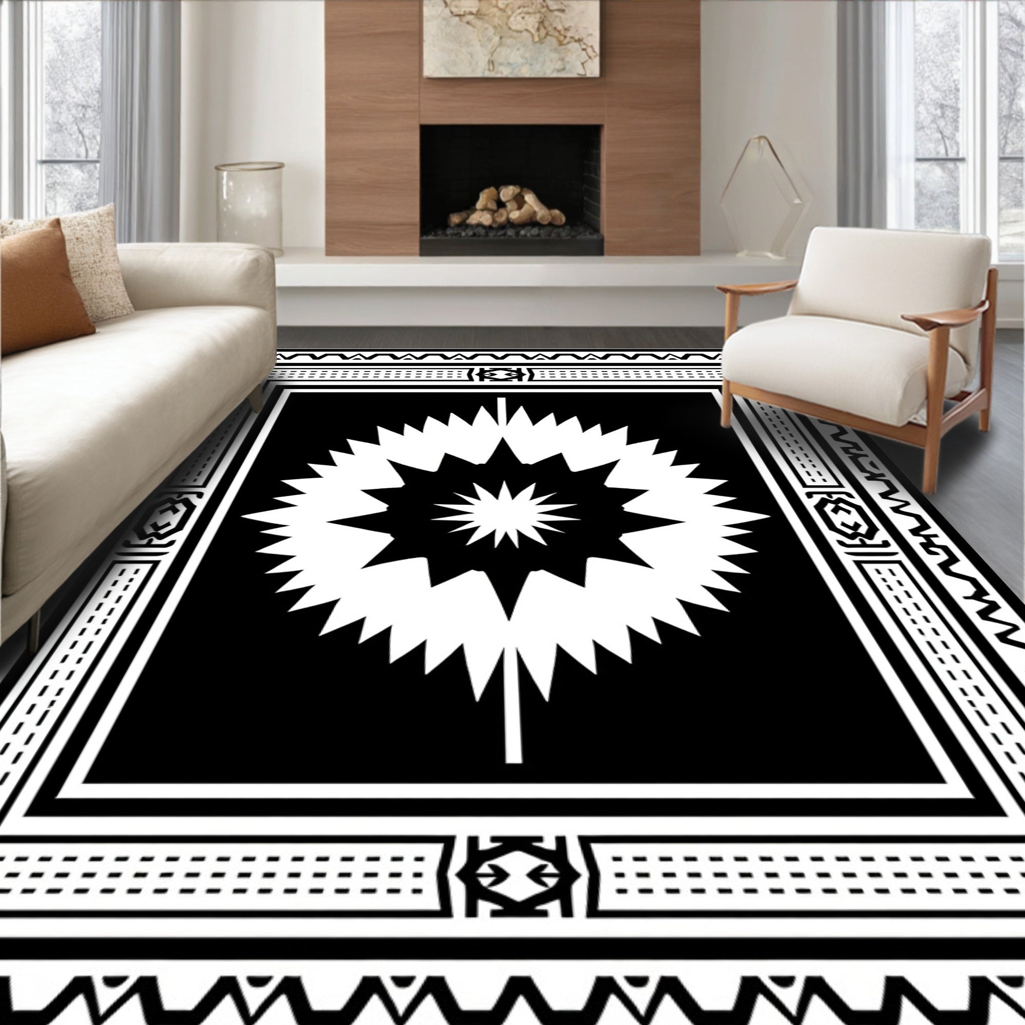 Bold Black White Abstract Explosion Rug