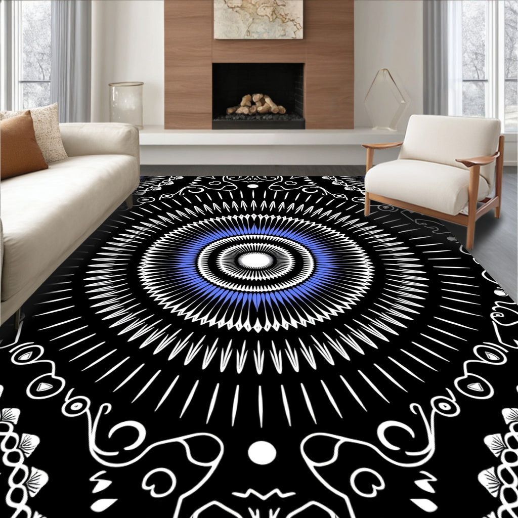 Radial Symmetry Black Blue White Design Rug