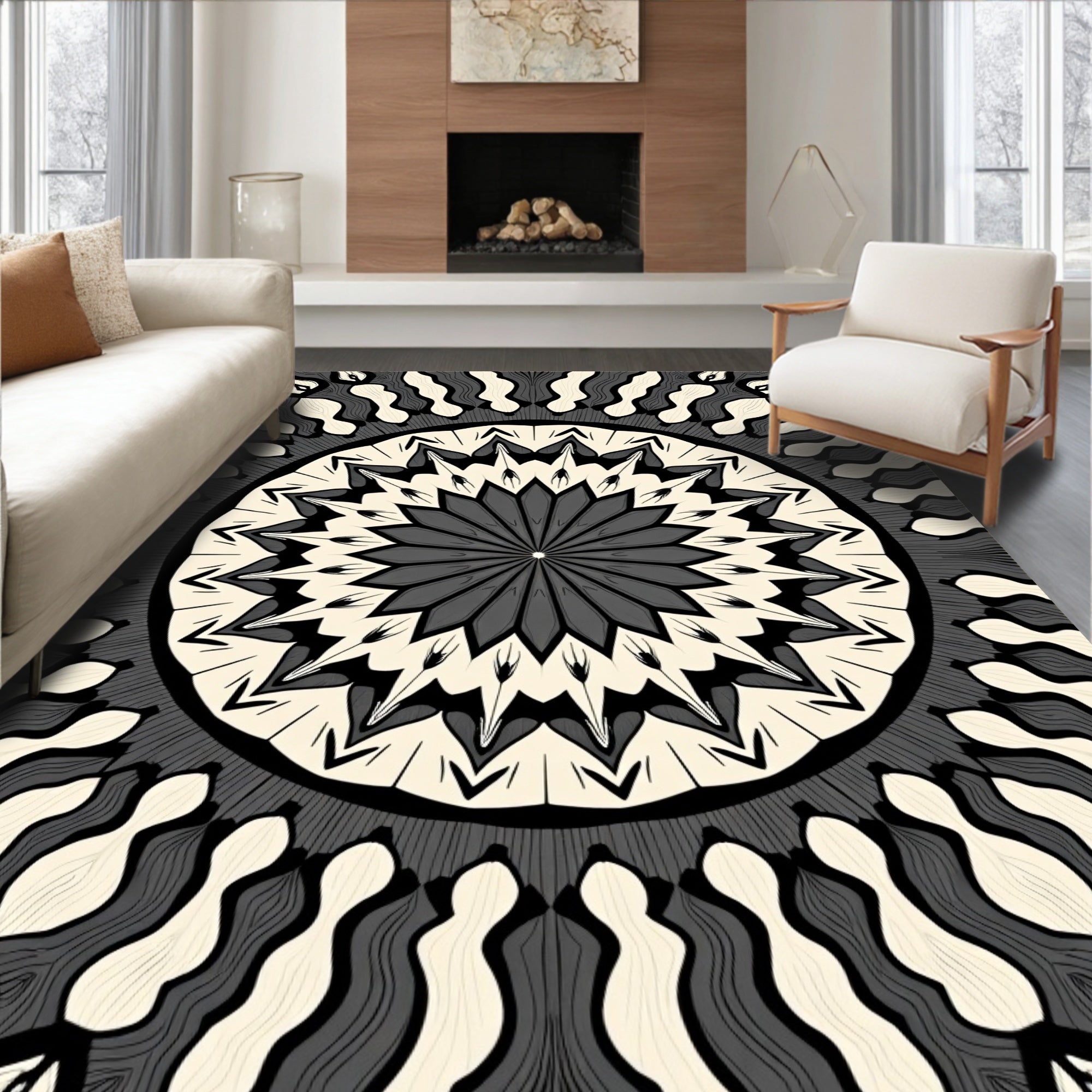 Radiating Monochrome Mandala Pattern Rug