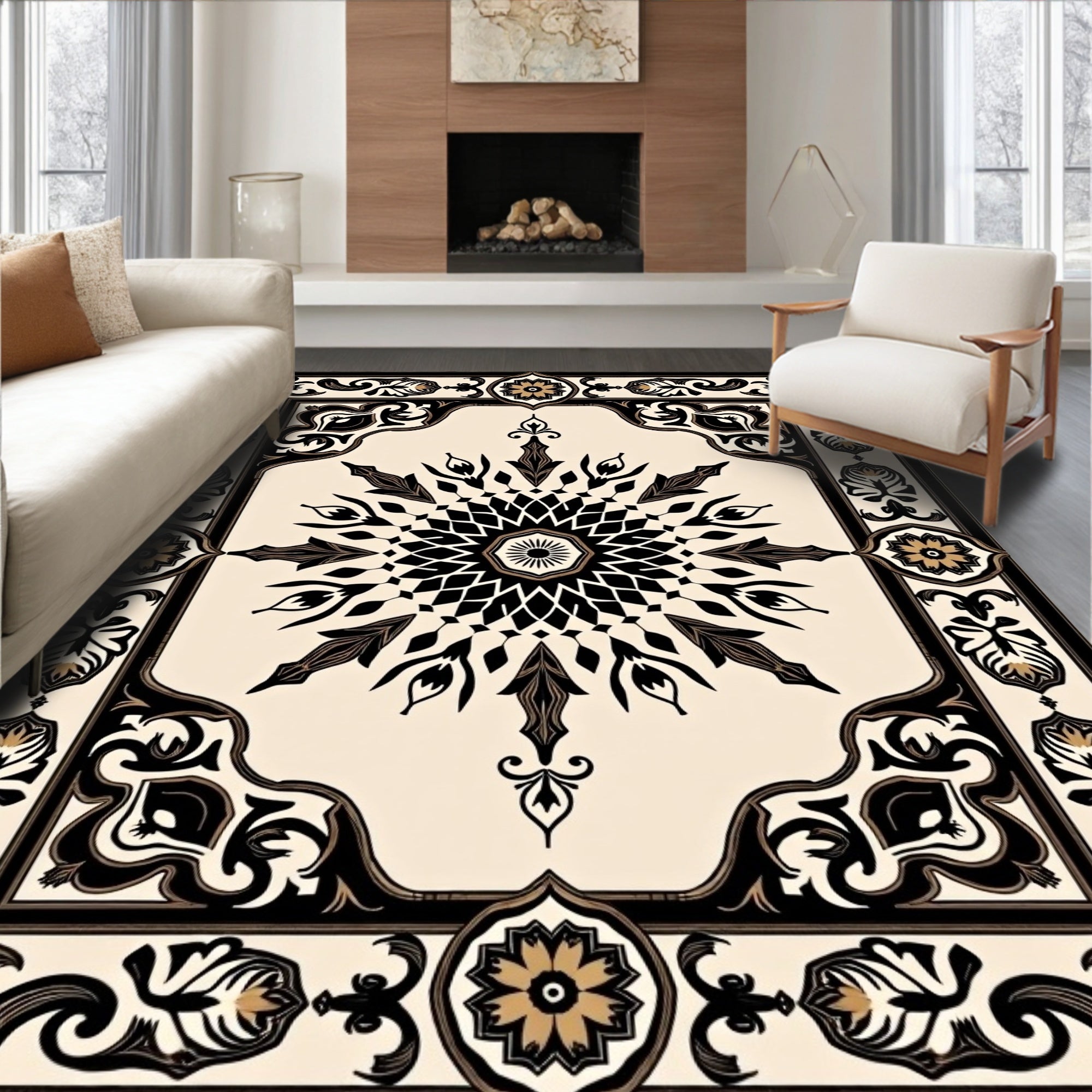 Ornate Black Gold Floral Mandala Rug