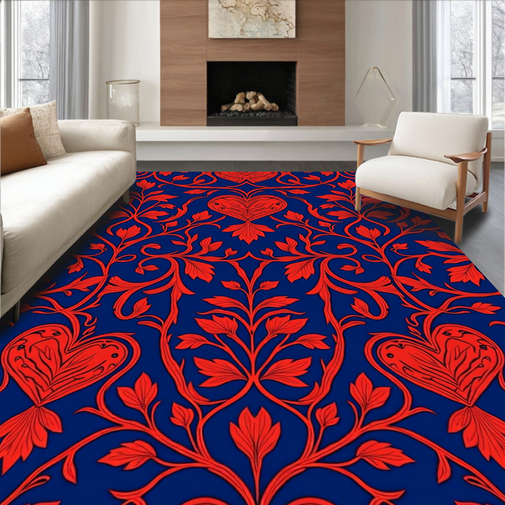 Vivid Red Heart Vine Pattern Rug