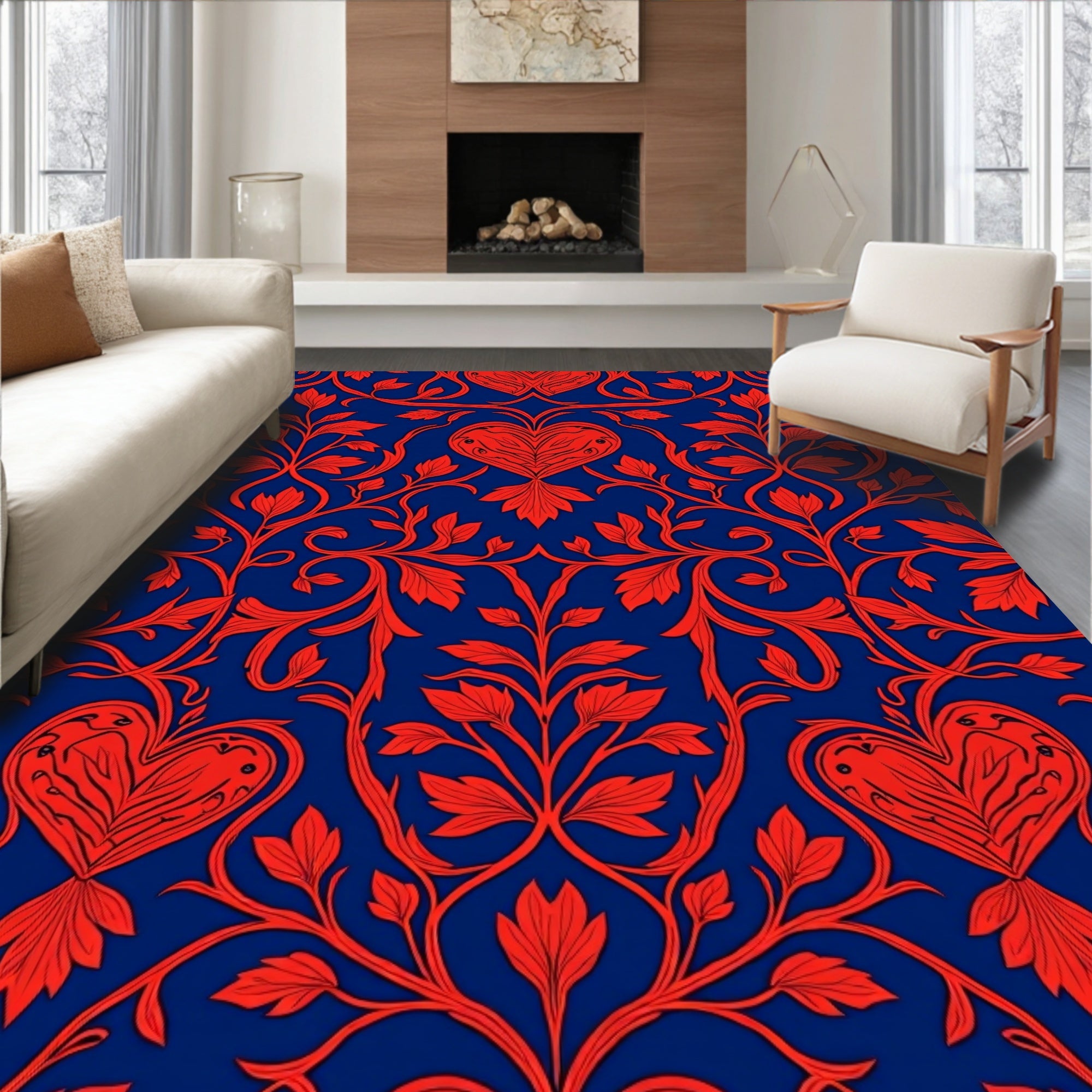 Vivid Red Heart Vine Pattern Rug