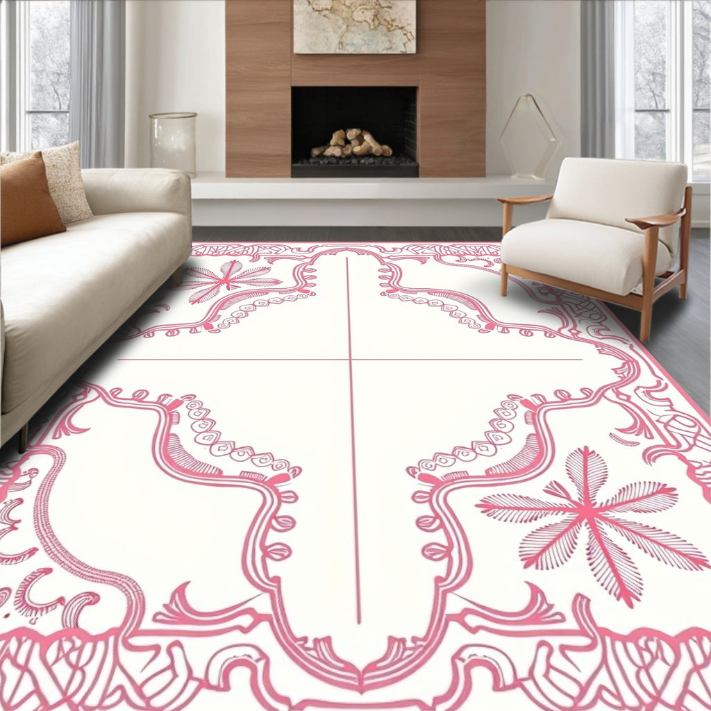 Pink Ornate Floral Border Design Rug